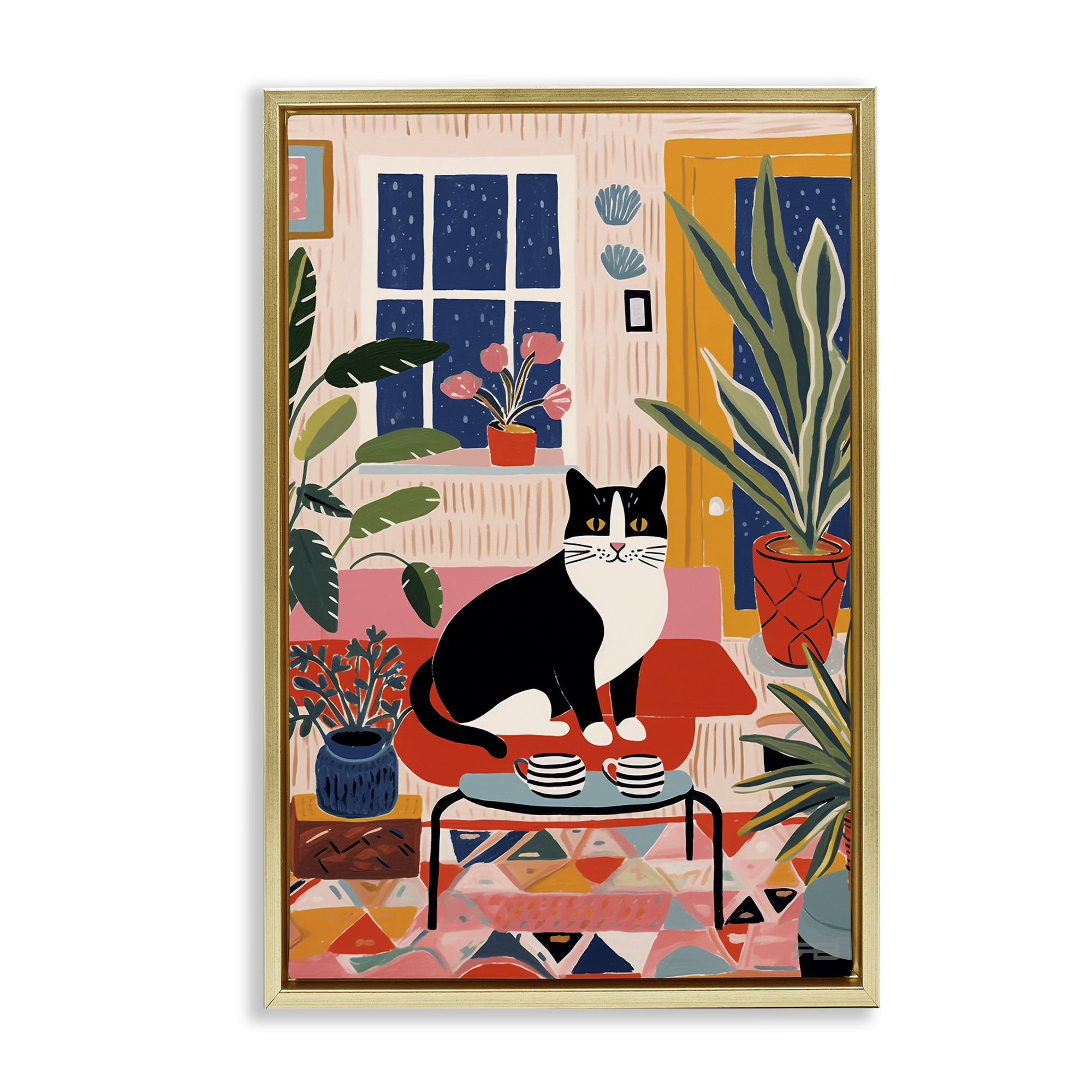 Stupell Industries Eclectic Living Room Cat Animals & Insects Painting Gold Floater Framed Canvas Art Print Wall Art, 17 x 25