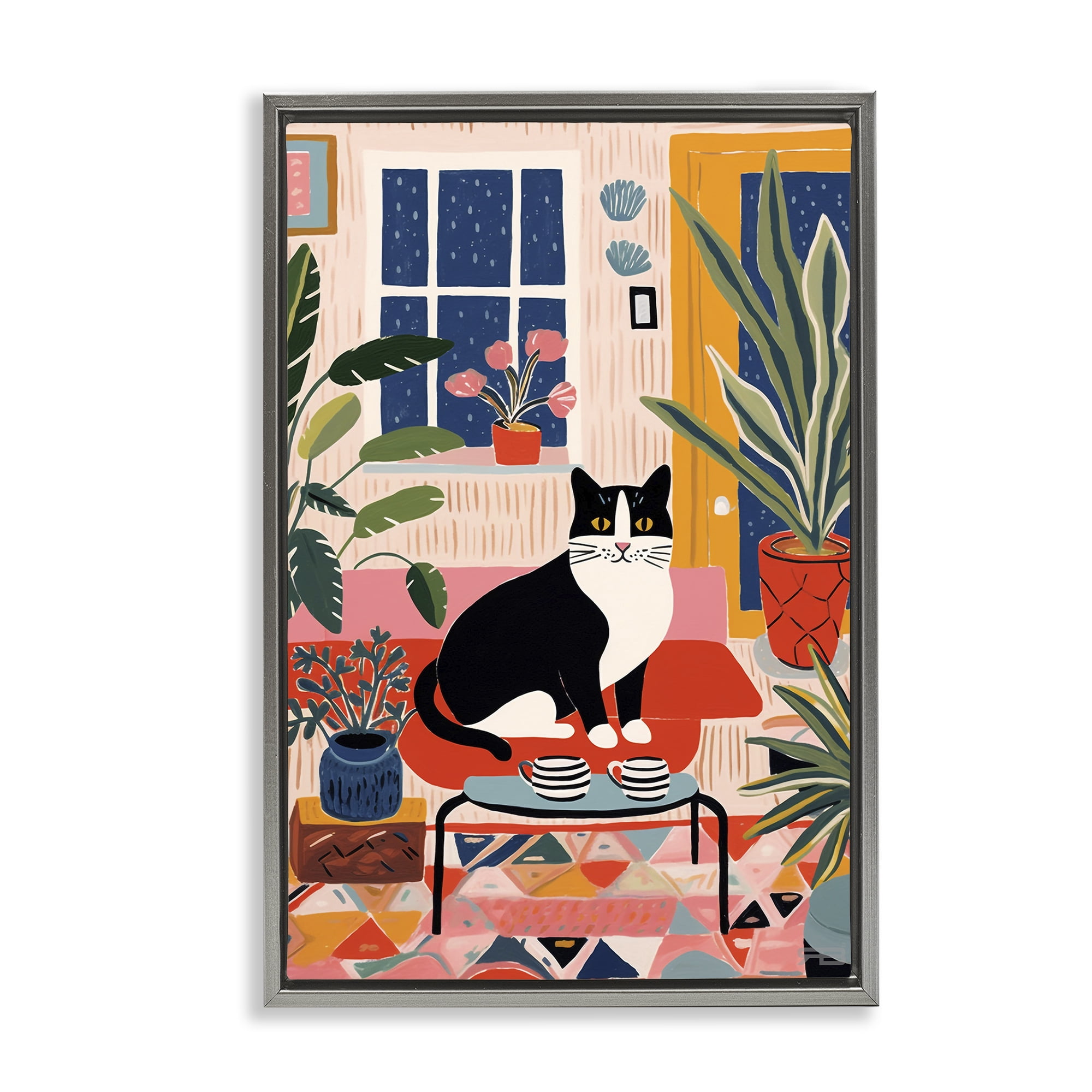 Stupell Industries Eclectic Living Room Cat Animals & Insects Painting Gray Floater Framed Canvas Art Print Wall Art, 21 x 31