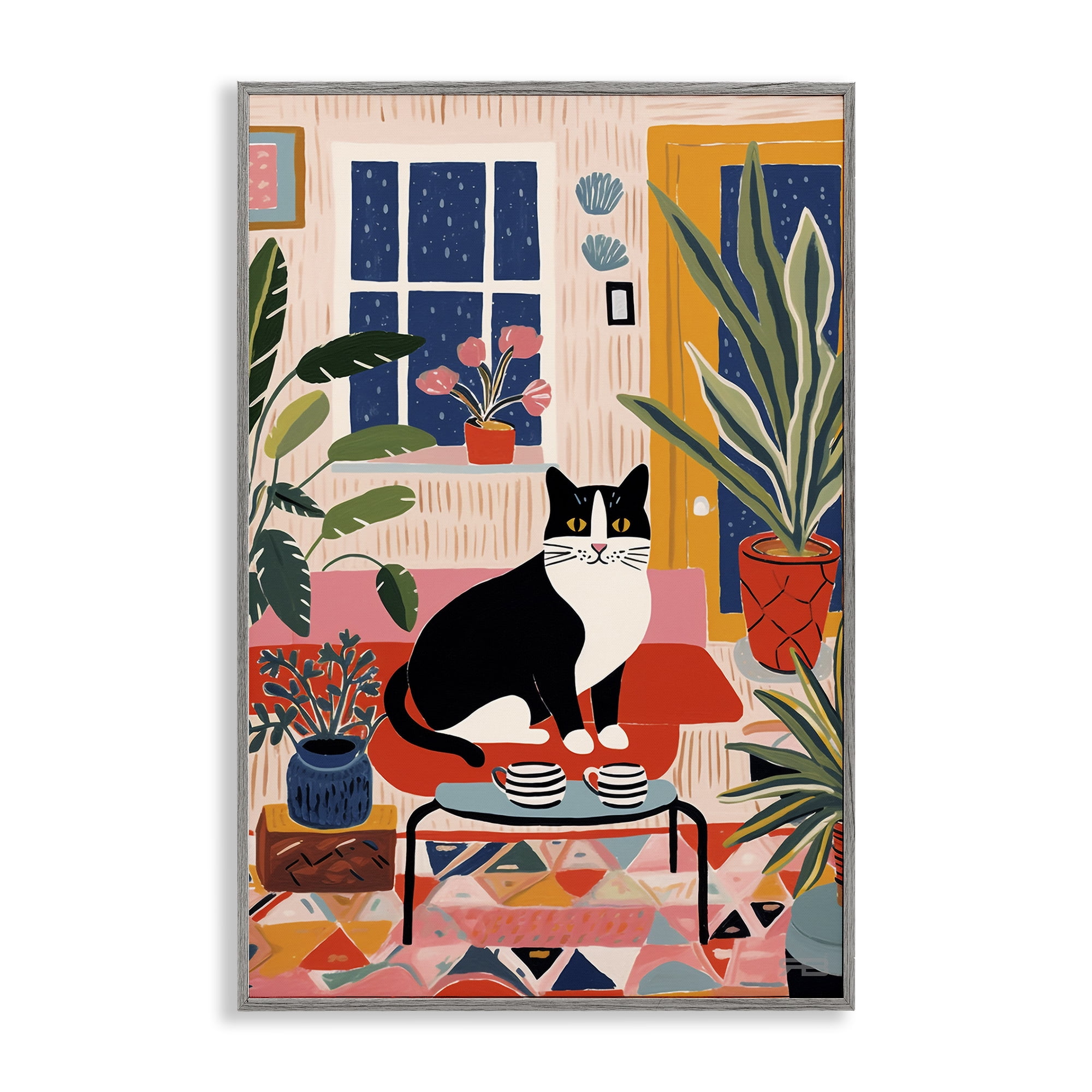 Stupell Industries Eclectic Living Room Cat Animals & Insects Painting Gray Framed Art Print Wall Art, 20 x 30