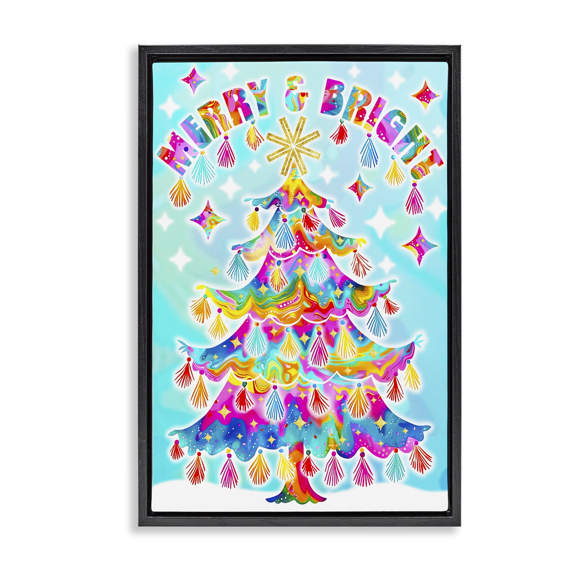 Stupell Industries Eclectic Merry & Bright Holiday Painting Black Floater Framed Canvas Art Prints Wall Art, 17 x 25