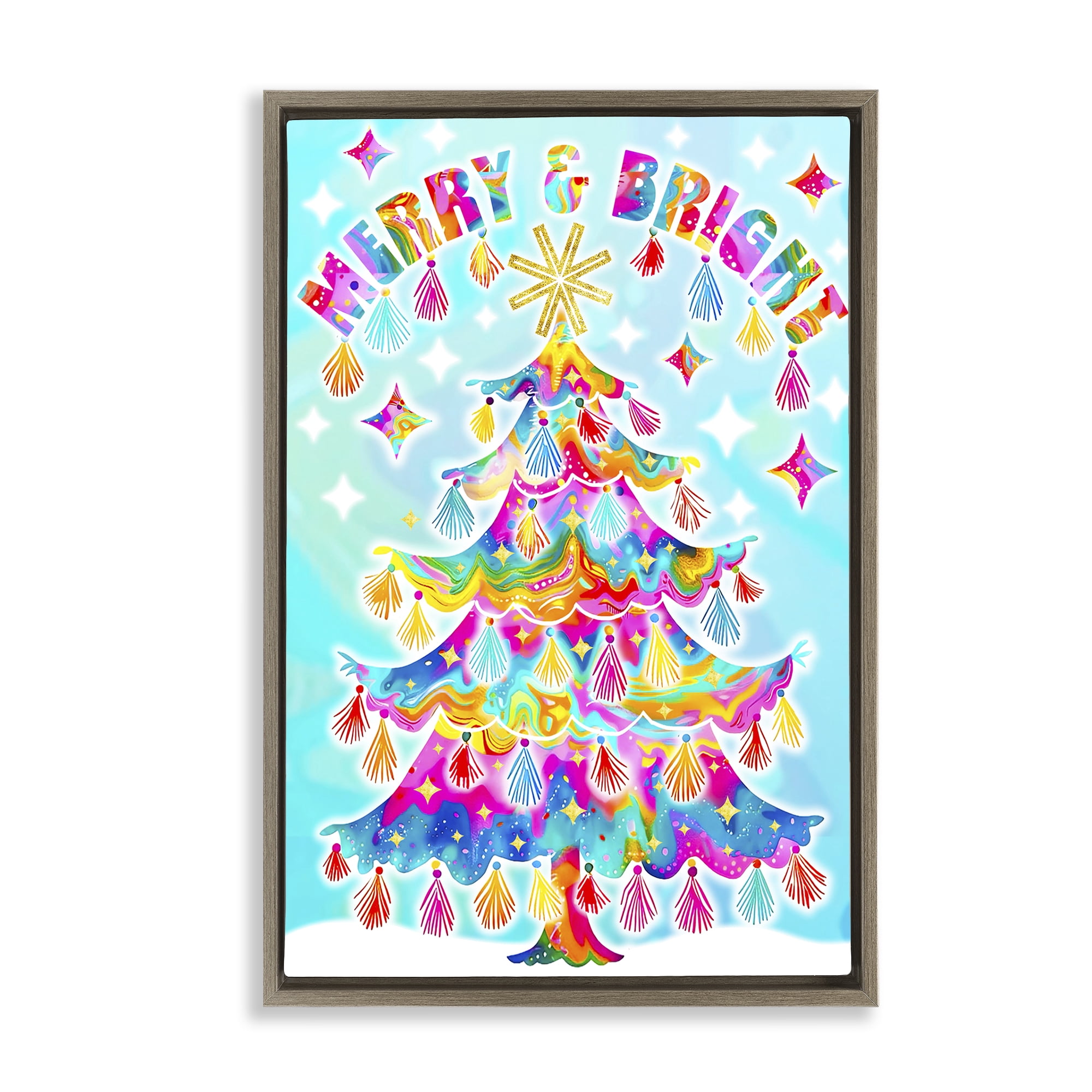 Stupell Industries Eclectic Merry & Bright Holiday Painting Brown Floater Framed Canvas Art Prints Wall Art, 21 x 31