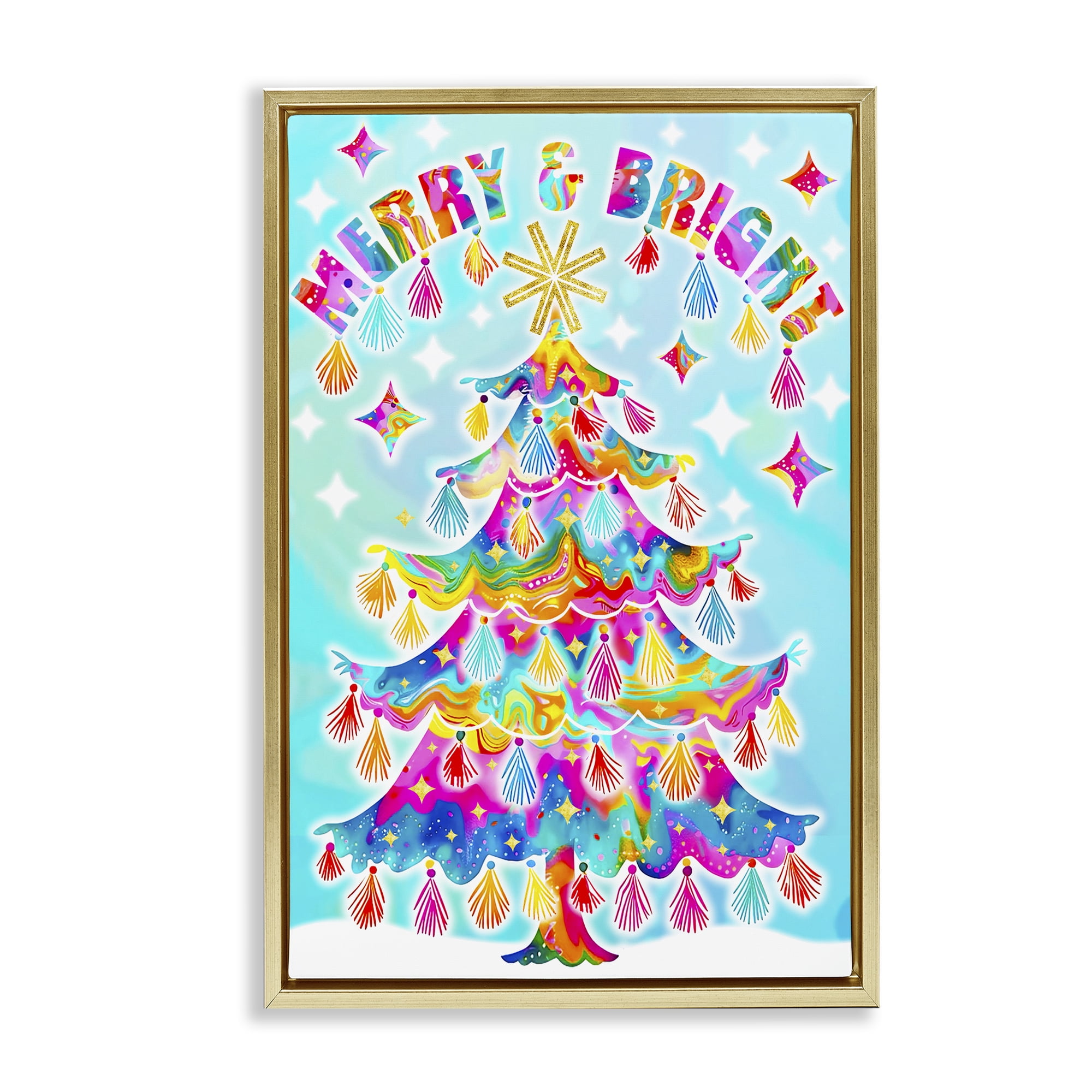 Stupell Industries Eclectic Merry & Bright Holiday Painting Gold Floater Framed Canvas Art Prints Wall Art, 17 x 25