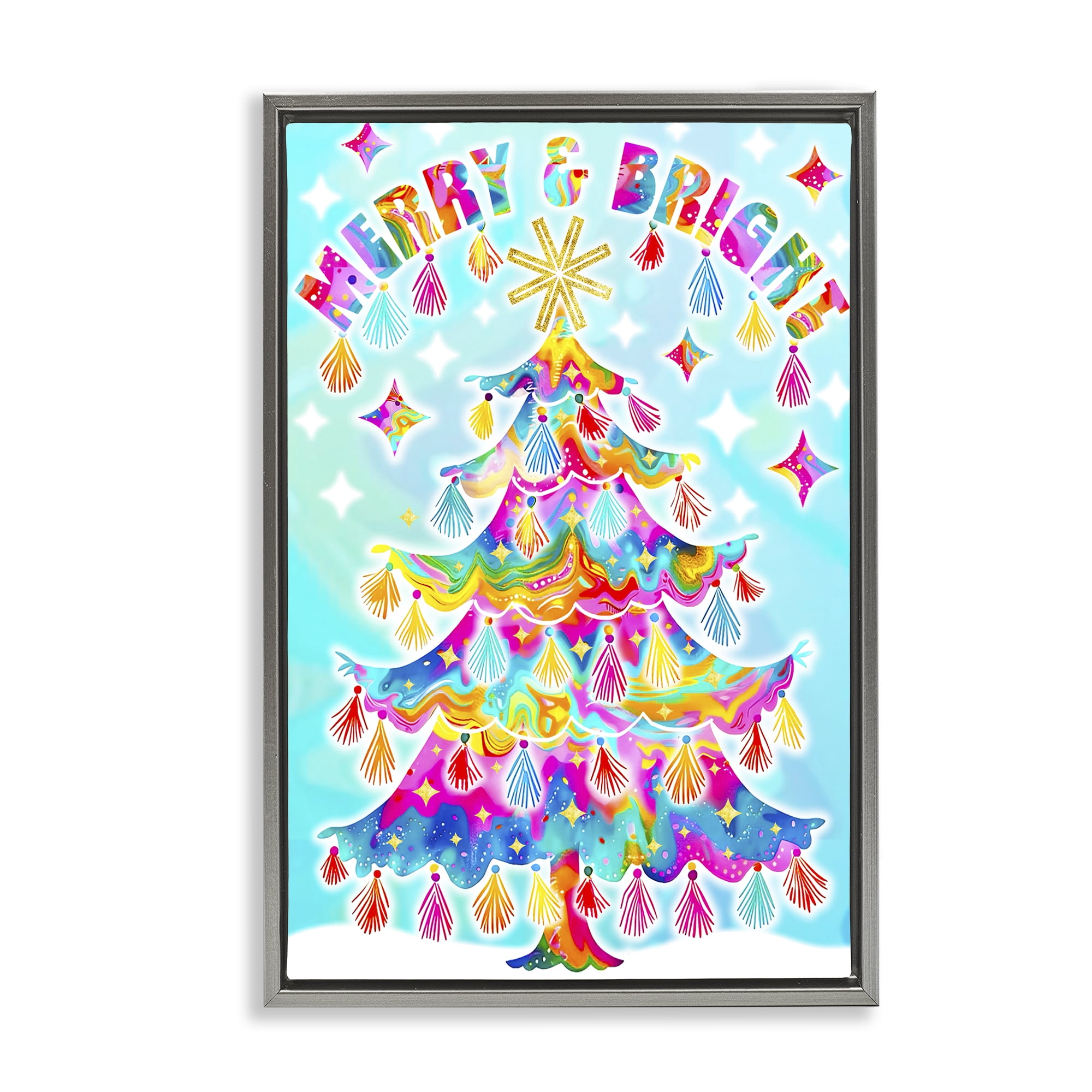 Stupell Industries Eclectic Merry & Bright Holiday Painting Gray Floater Framed Canvas Art Prints Wall Art, 17 x 25