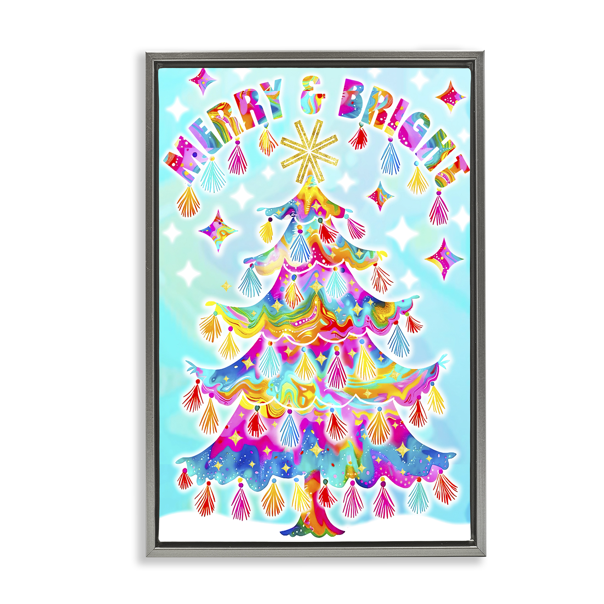 Stupell Industries Eclectic Merry & Bright Holiday Painting Gray Floater Framed Canvas Art Prints Wall Art, 21 x 31