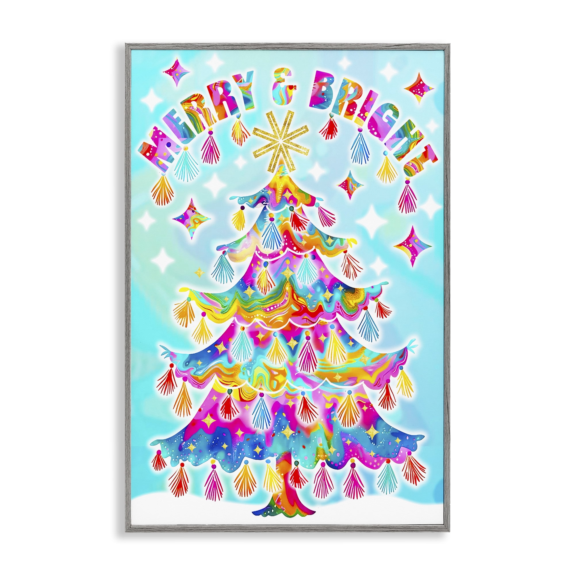 Stupell Industries Eclectic Merry & Bright Holiday Painting Gray Framed Art Prints Wall Art, 12 x 18