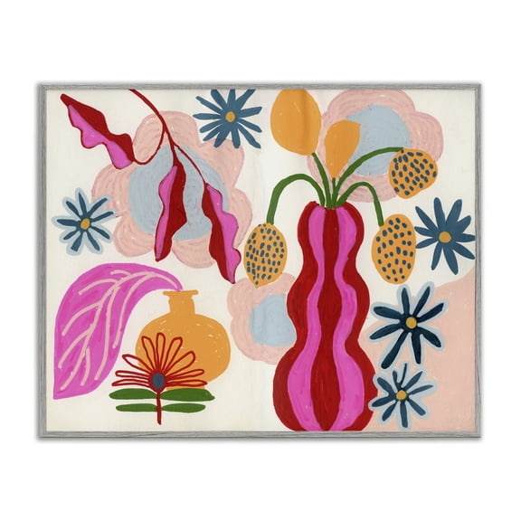 Stupell Industries Eclectic Mod Flower Vases Floral Painting Gray Framed Art Print Wall Art, 14 x 11