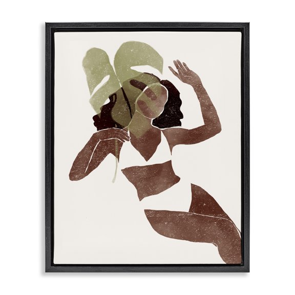 Stupell Industries Eclectic Monstera Leaf Girl Earth Tones Black Floating Frame Canvas Art, 17 x 21, by Yuyu Pont