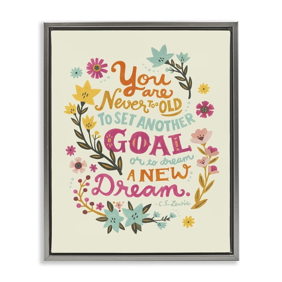 Stupell Industries Eclectic Never Too Old Inspiring Quote Gray Floating Frame Canvas Art, 17 x 21, by Irene Chan