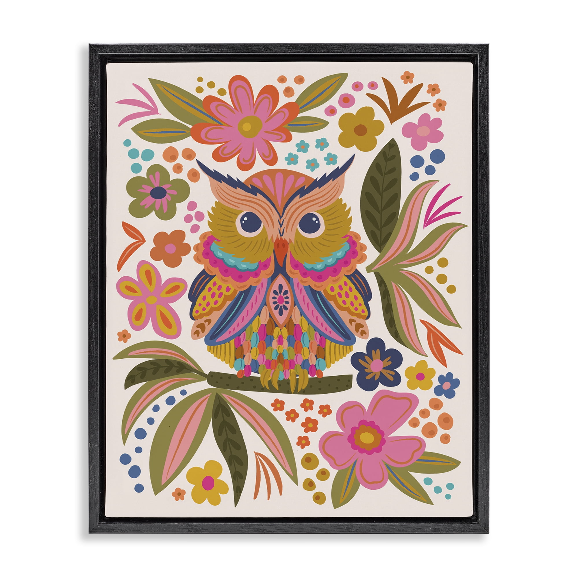 Stupell Industries Eclectic Owl & Flowers Animals Painting Black Floater Framed Canvas Art Print Wall Art, 25 x 31