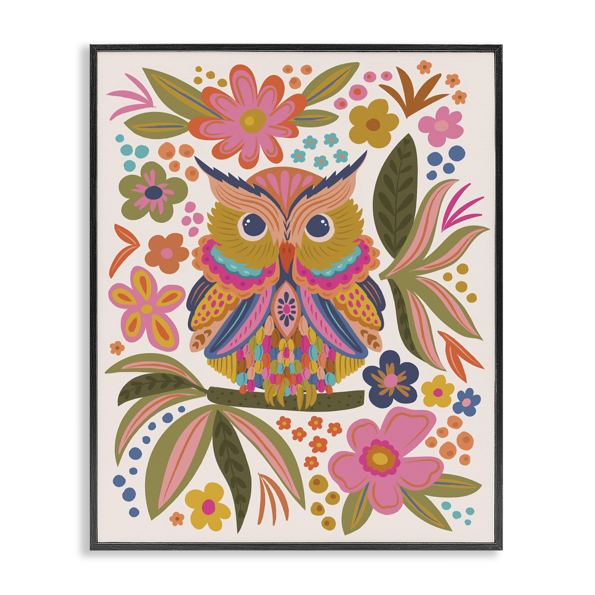 Stupell Industries Eclectic Owl & Flowers Animals Painting Black Framed Art Print Wall Art, 16 x 20