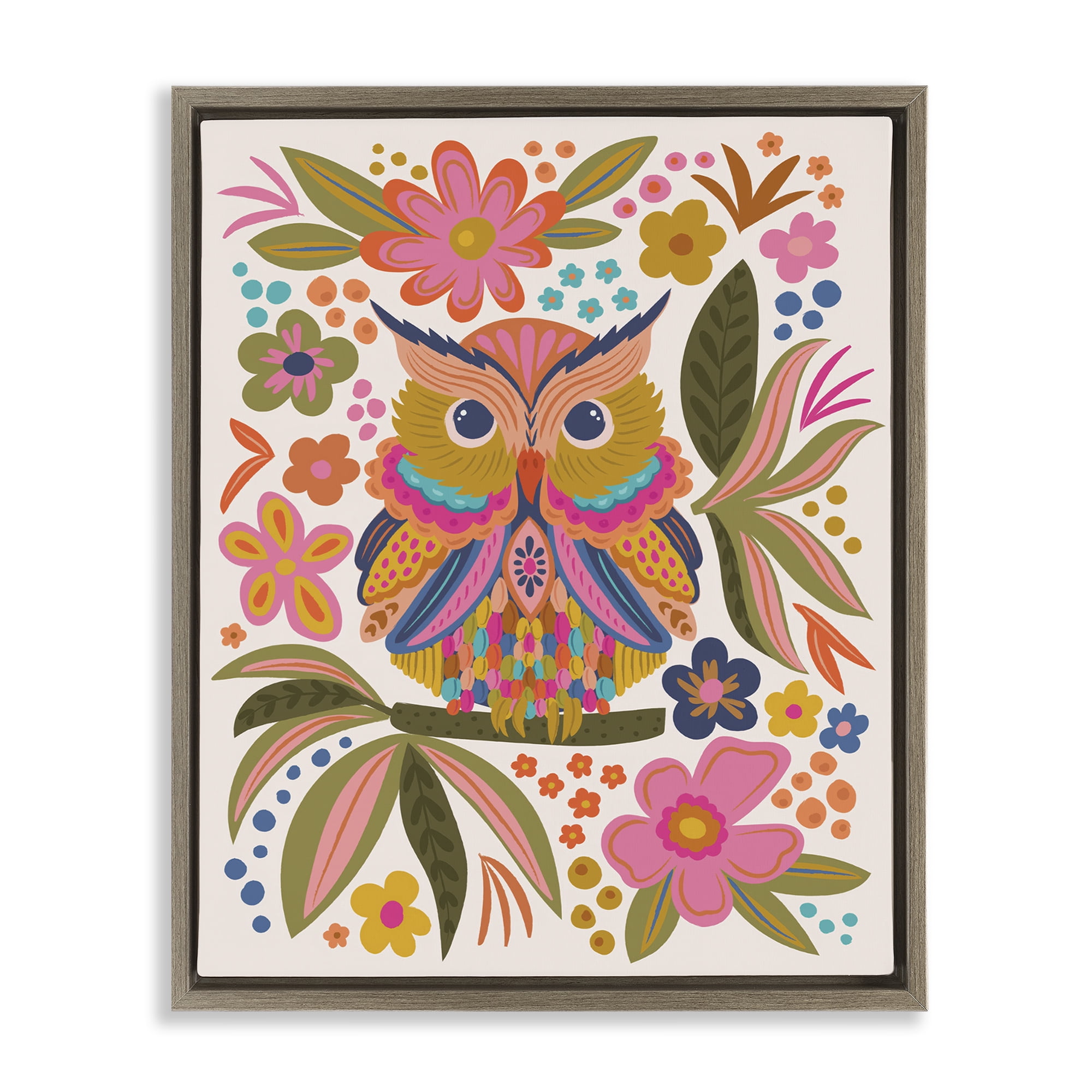 Stupell Industries Eclectic Owl & Flowers Animals Painting Brown Floater Framed Canvas Art Print Wall Art, 17 x 21