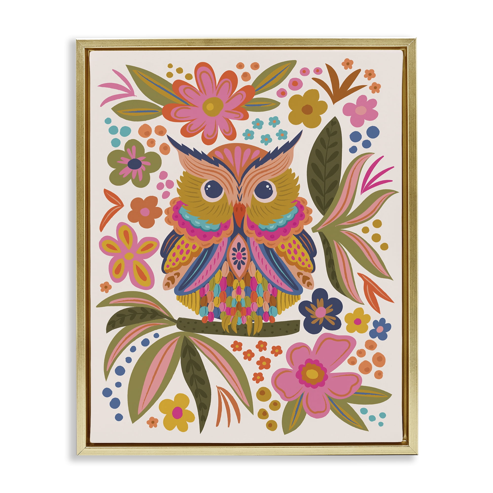 Stupell Industries Eclectic Owl & Flowers Animals Painting Gold Floater Framed Canvas Art Print Wall Art, 17 x 21