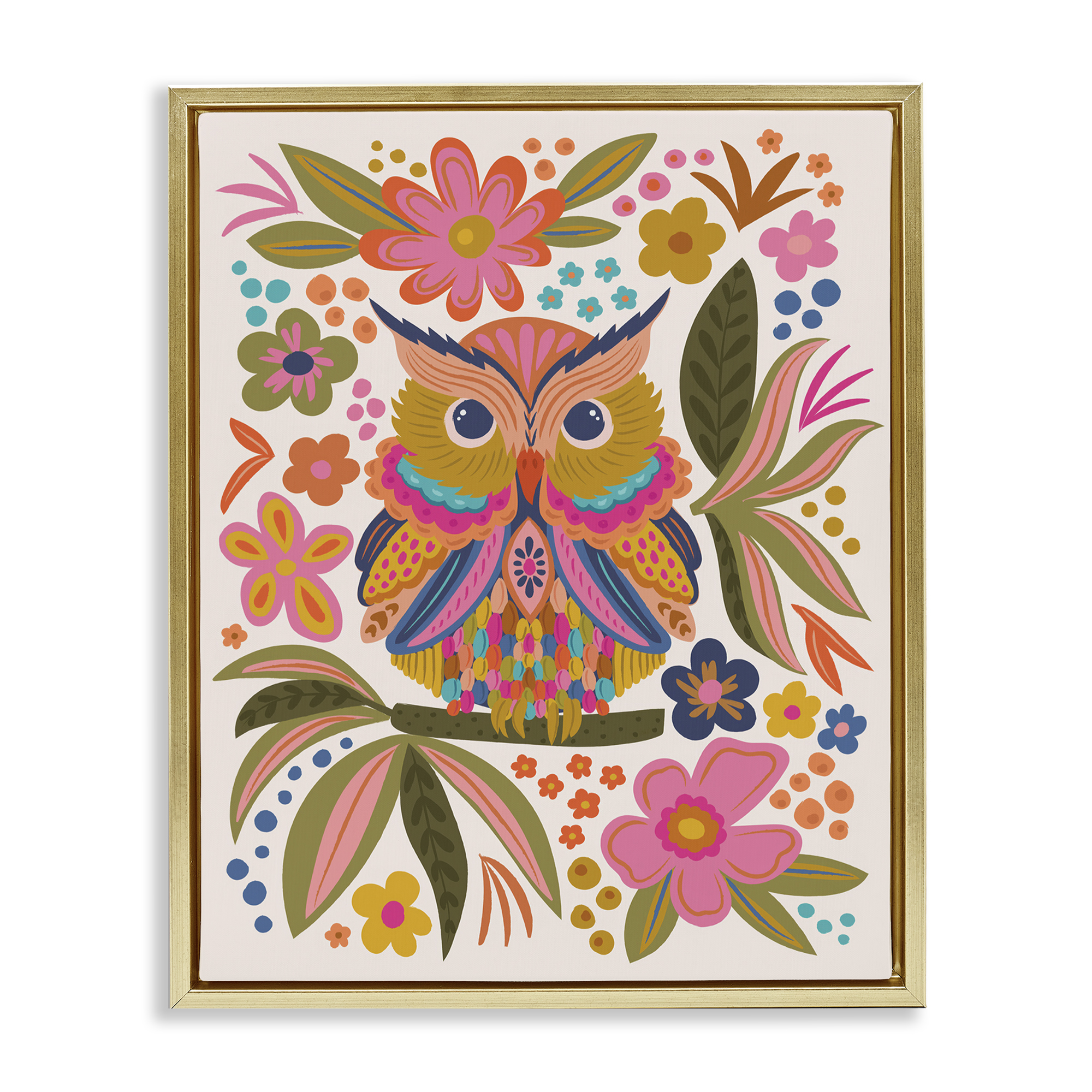 Stupell Industries Eclectic Owl & Flowers Animals Painting Gold Floater Framed Canvas Art Print Wall Art, 25 x 31