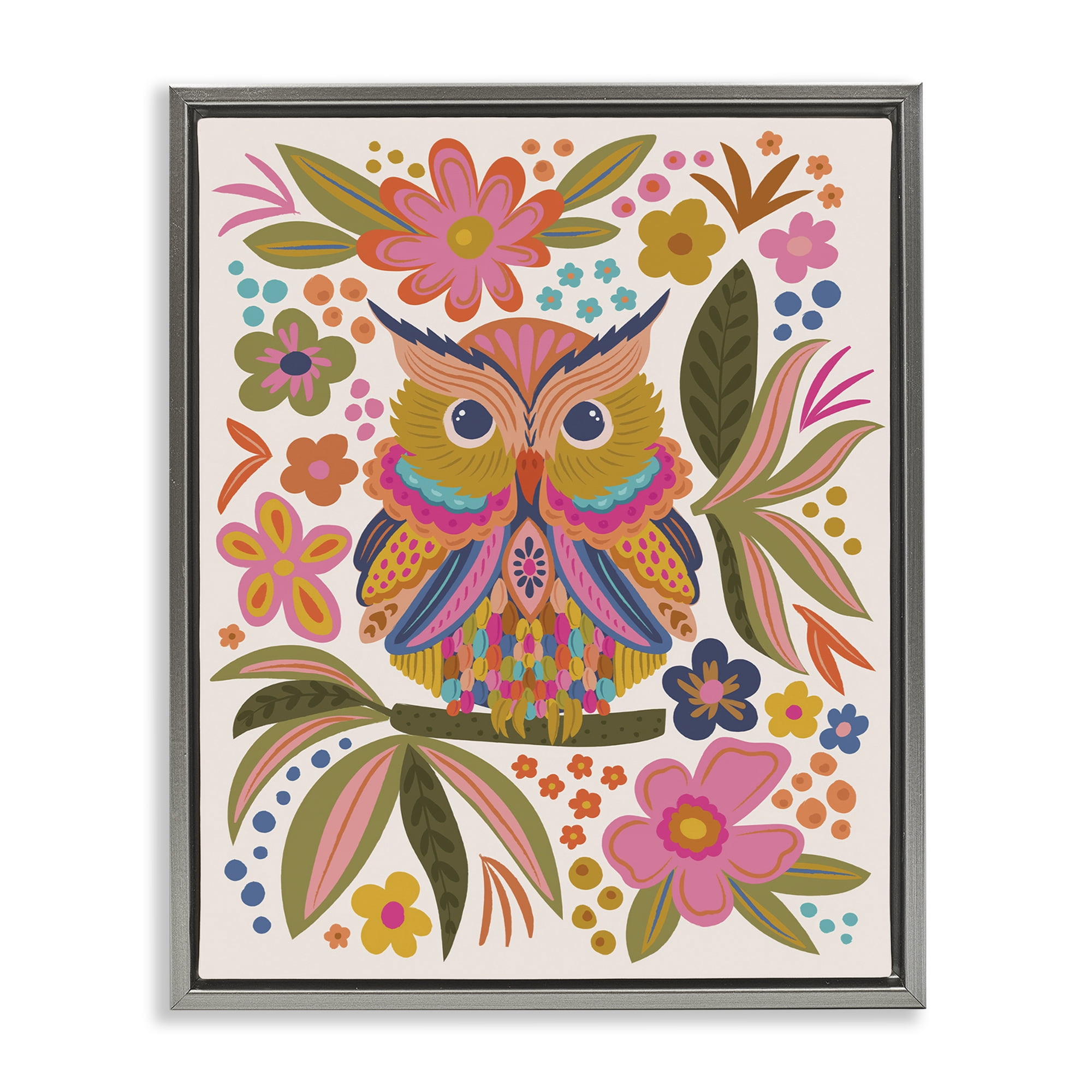 Stupell Industries Eclectic Owl & Flowers Animals Painting Gray Floater Framed Canvas Art Print Wall Art, 17 x 21