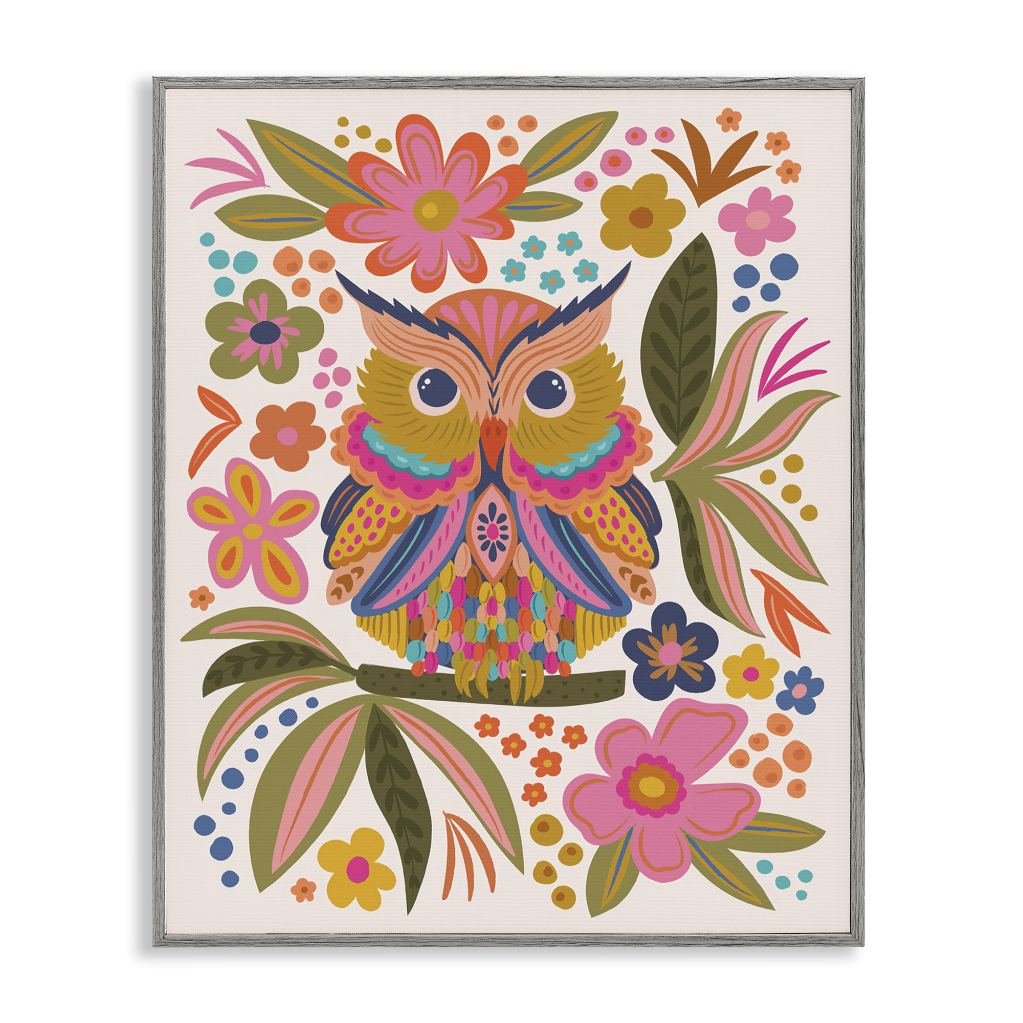 Stupell Industries Eclectic Owl & Flowers Animals Painting Gray Framed Art Print Wall Art, 16 x 20