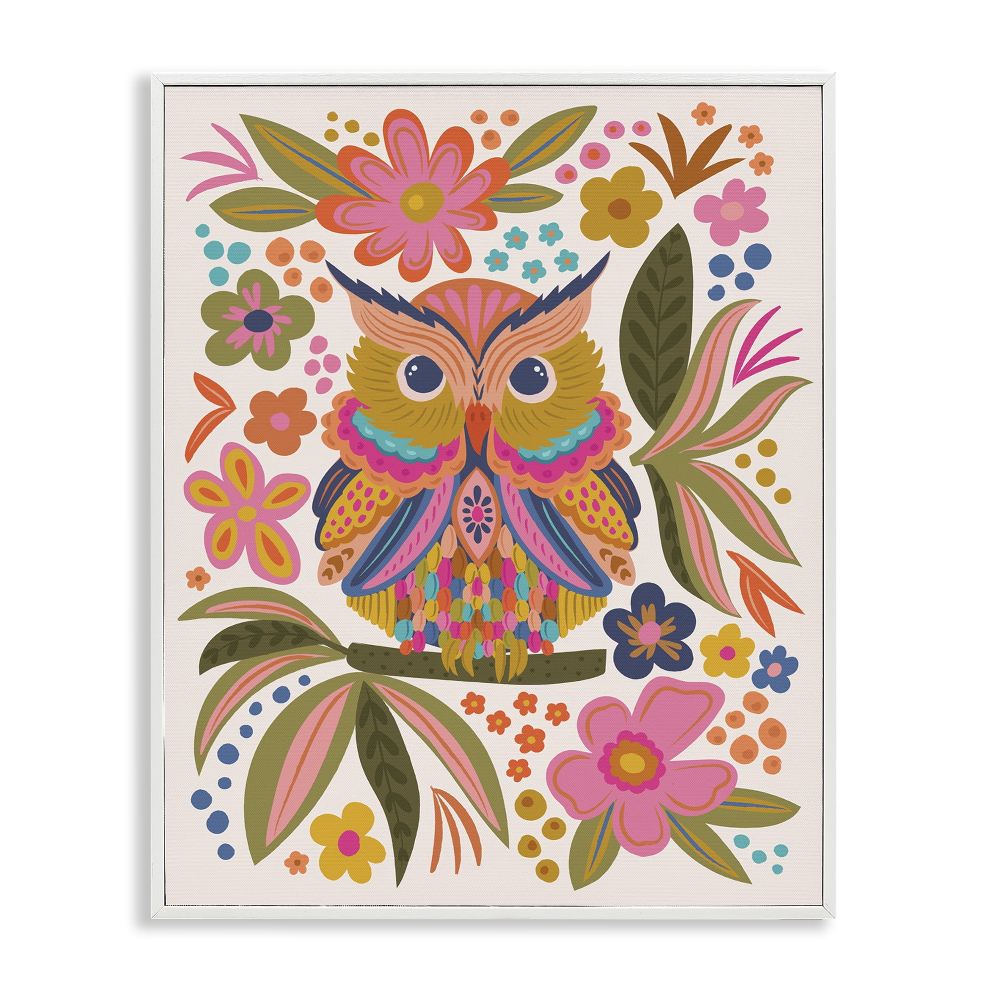 Stupell Industries Eclectic Owl & Flowers Animals Painting White Framed Art Print Wall Art, 11 x 14