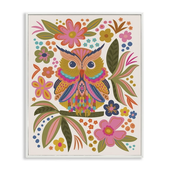 Stupell Industries Eclectic Owl & Flowers Animals Painting White Framed Art Print Wall Art, 11 x 14