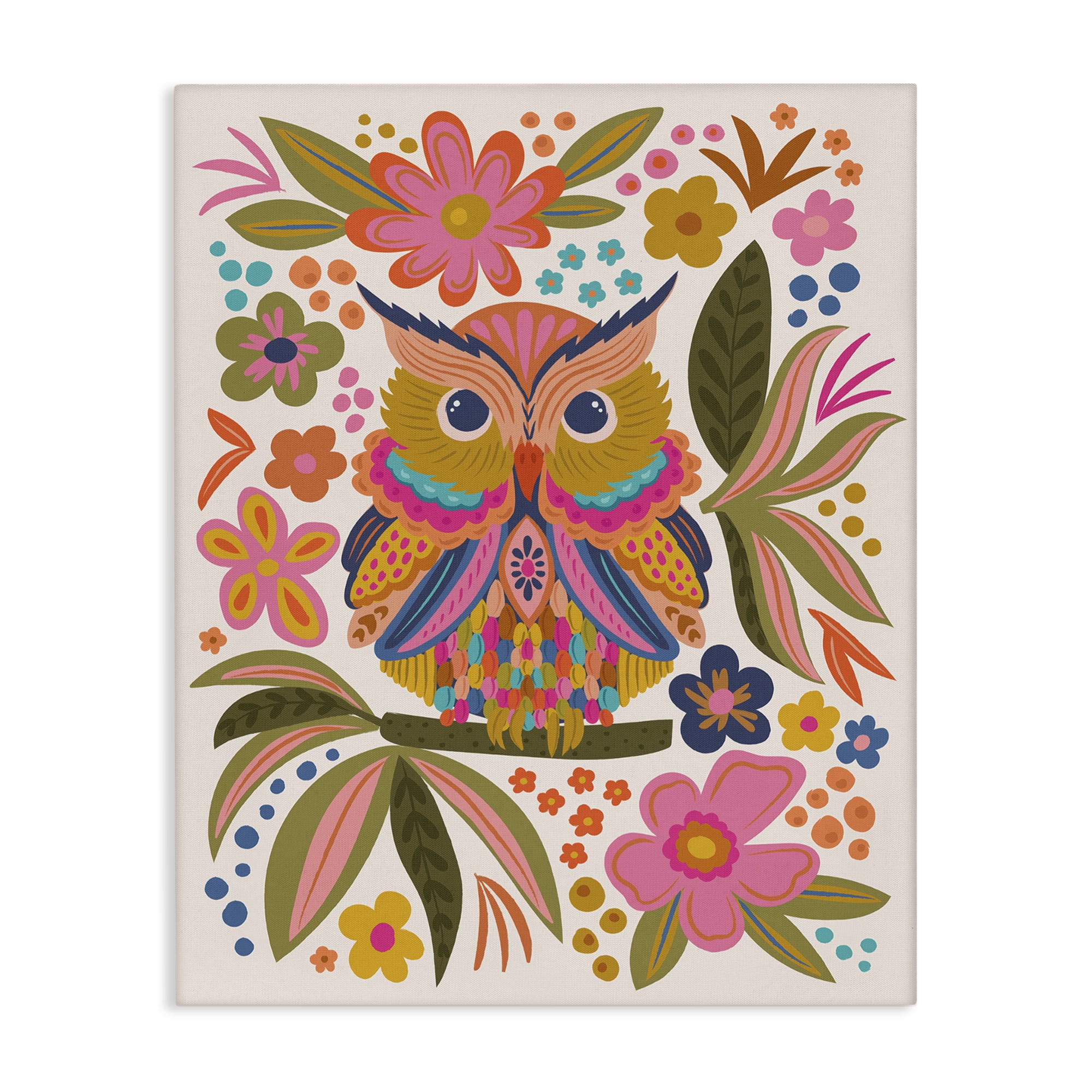 Stupell Industries Eclectic Owl & Flowers Animals Painting Wrapped Canvas Art Print Wall Art, 24 x 30