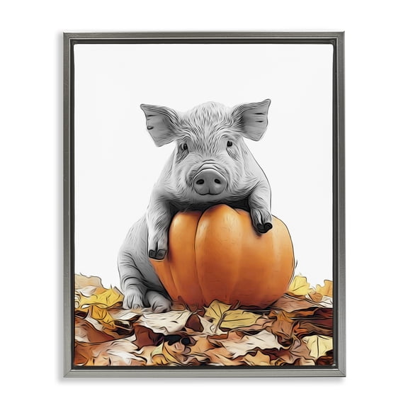 Stupell Industries Eclectic Pig & Autumn Leaves Gray Floating Frame Canvas Art, 17 x 21, by Annalisa Latella