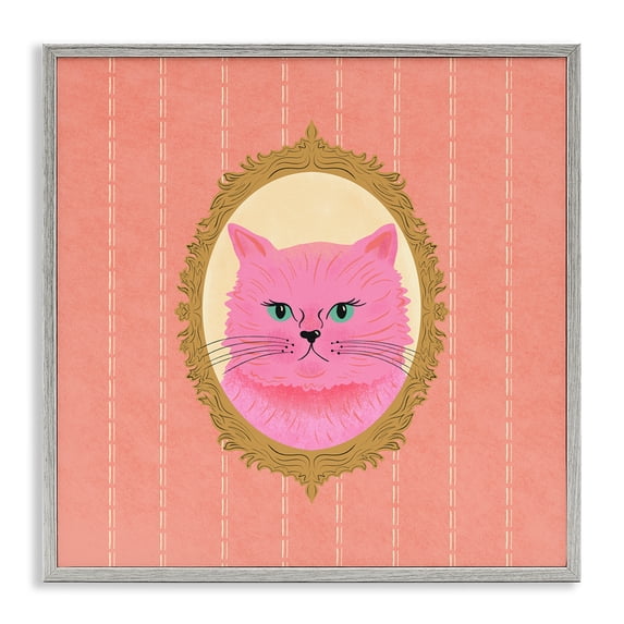 Stupell Industries Eclectic Pink Cat Portrait Gray Framed Giclee Art, 17 x 17, by Carrie Cantwell