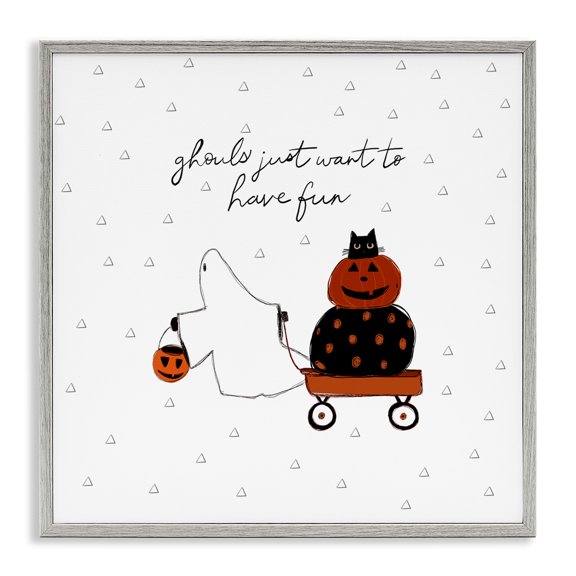 Stupell Industries Eclectic Playful Ghost Script Quote Pumpkins Cat In Wagon Gray Framed Giclee Art, 12 x 12, by Amylee Weeks
