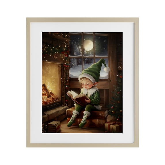 Stupell Industries Eclectic Reading Elf by Fireplace Birch Framed Print Under Glass, 13 x 16, by Arlington Prints