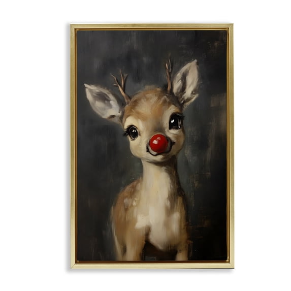 Stupell Industries Eclectic Red Nose Baby Reindeer Gold Floating Frame Canvas Art, 21 x 31, by Lettered and Lined