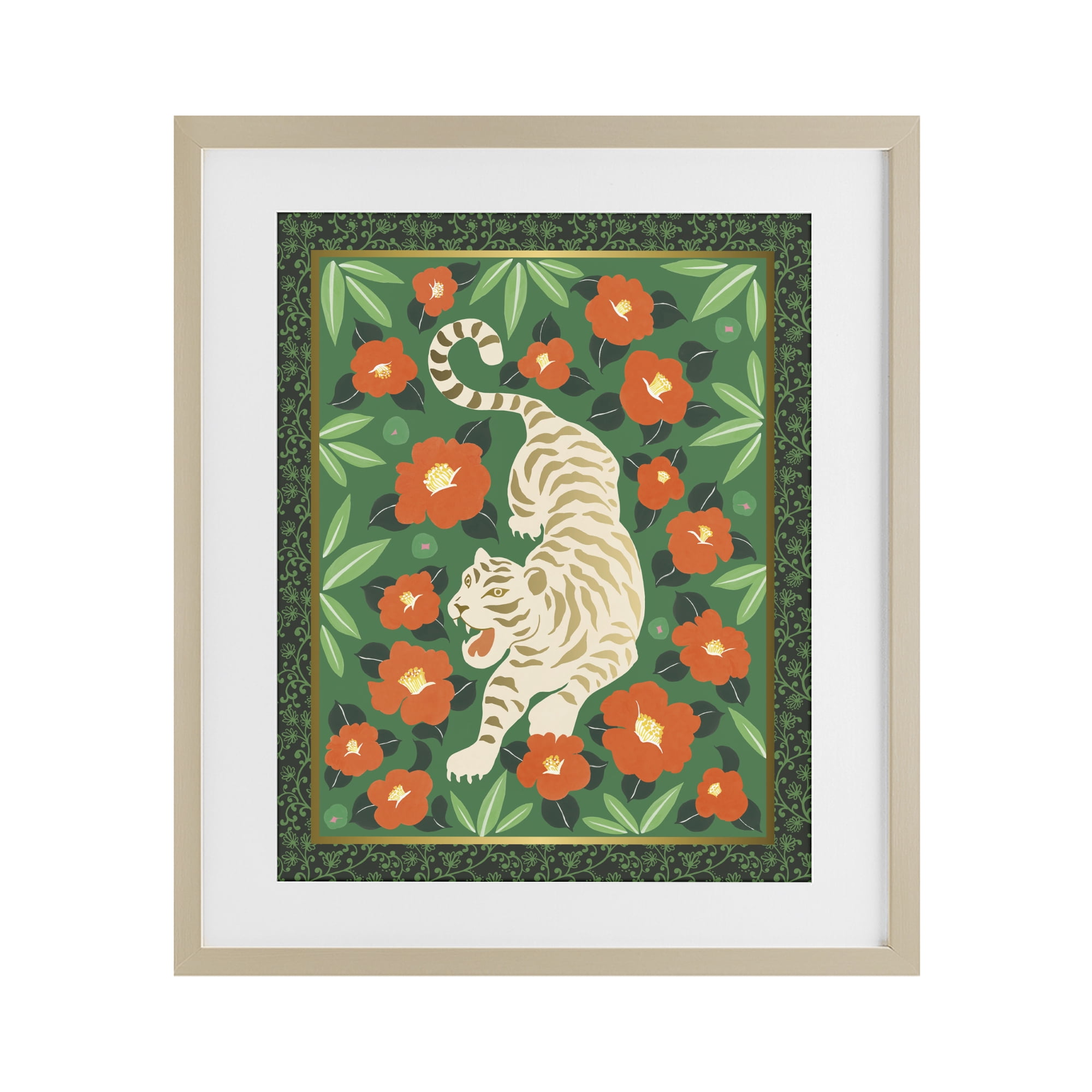 Stupell Industries Eclectic Tiger & Hibiscus Birch Framed Print Under Glass, design by Karolina Sato