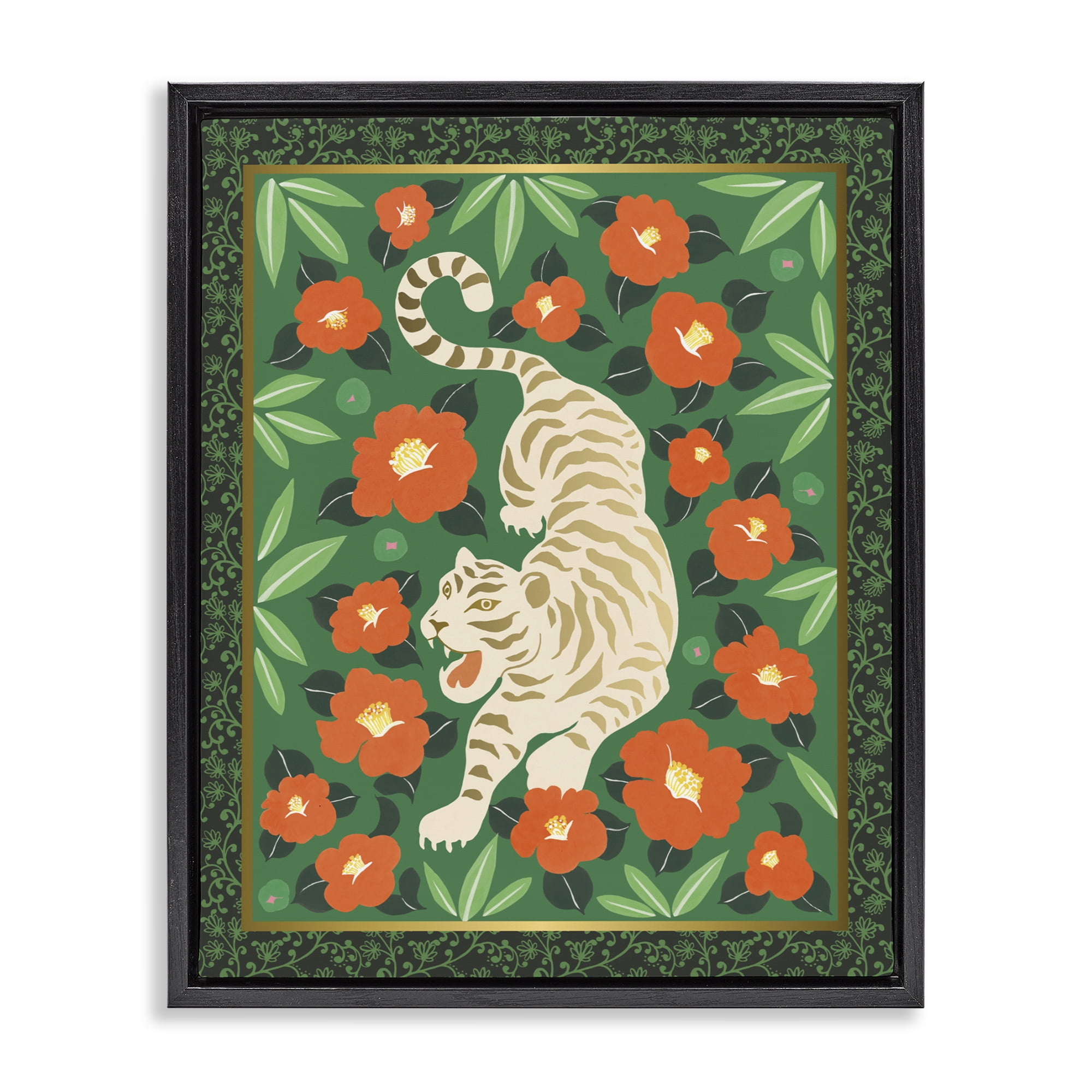 Stupell Industries Eclectic Tiger & Hibiscus Black Framed Floater Canvas Wall Art, design by Karolina Sato