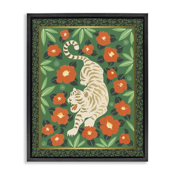 Stupell Industries Eclectic Eclectic Tiger & Hibiscus Black Floating Frame Canvas Art, 17 x 21, by Karolina Sato