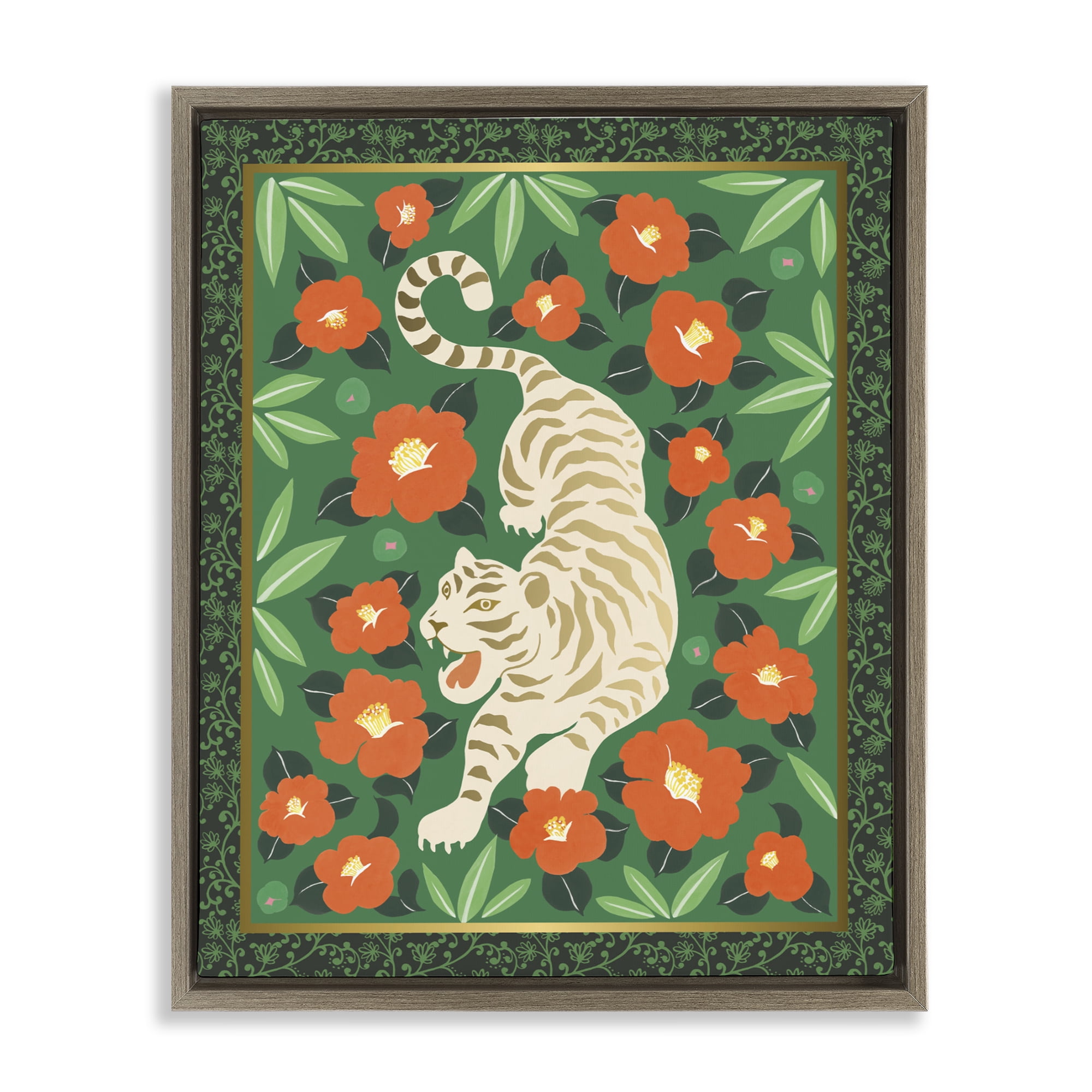 Stupell Industries Eclectic Tiger & Hibiscus Brown Framed Floater Canvas Wall Art, design by Karolina Sato