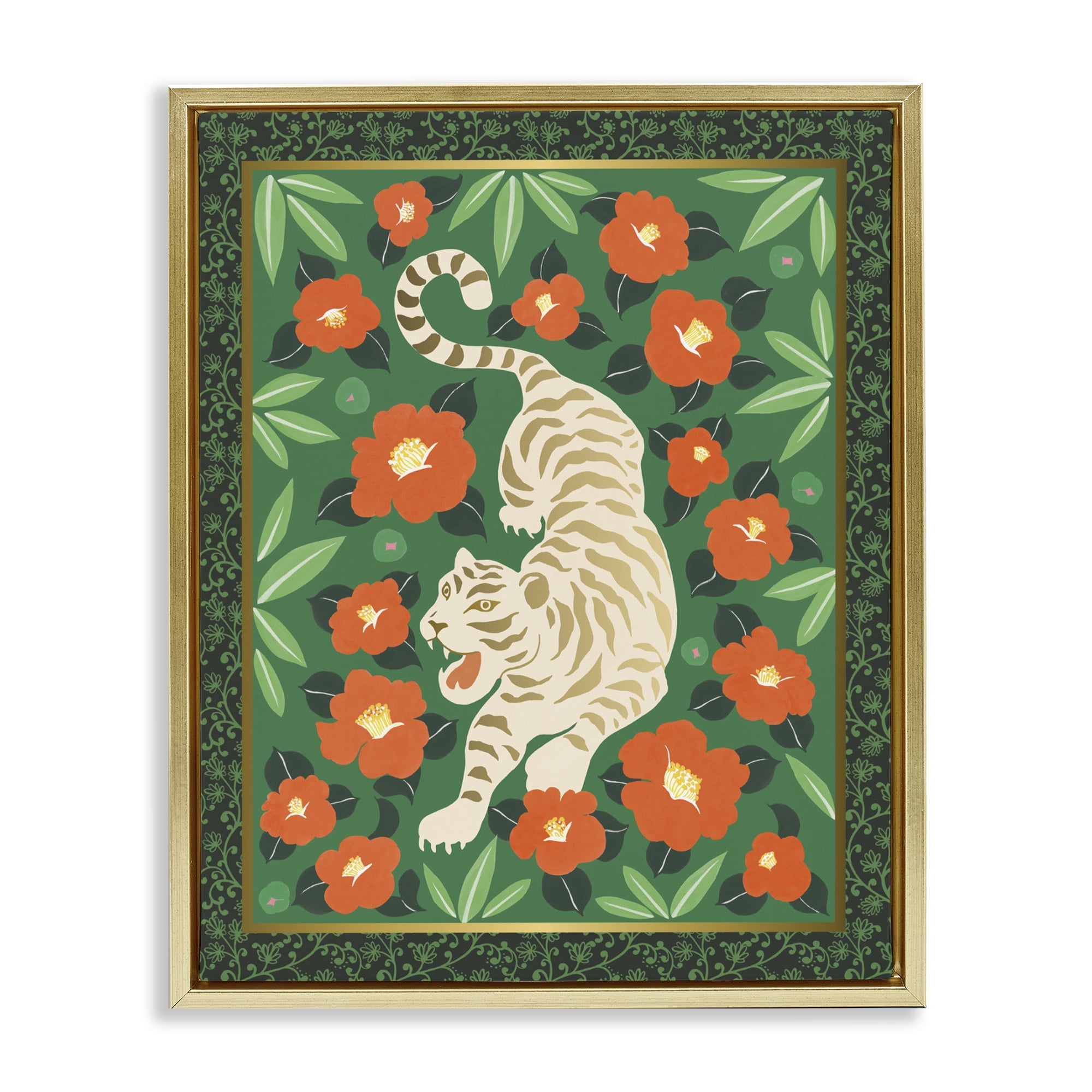 Stupell Industries Eclectic Tiger & Hibiscus Gold Framed Floater Canvas Wall Art, design by Karolina Sato