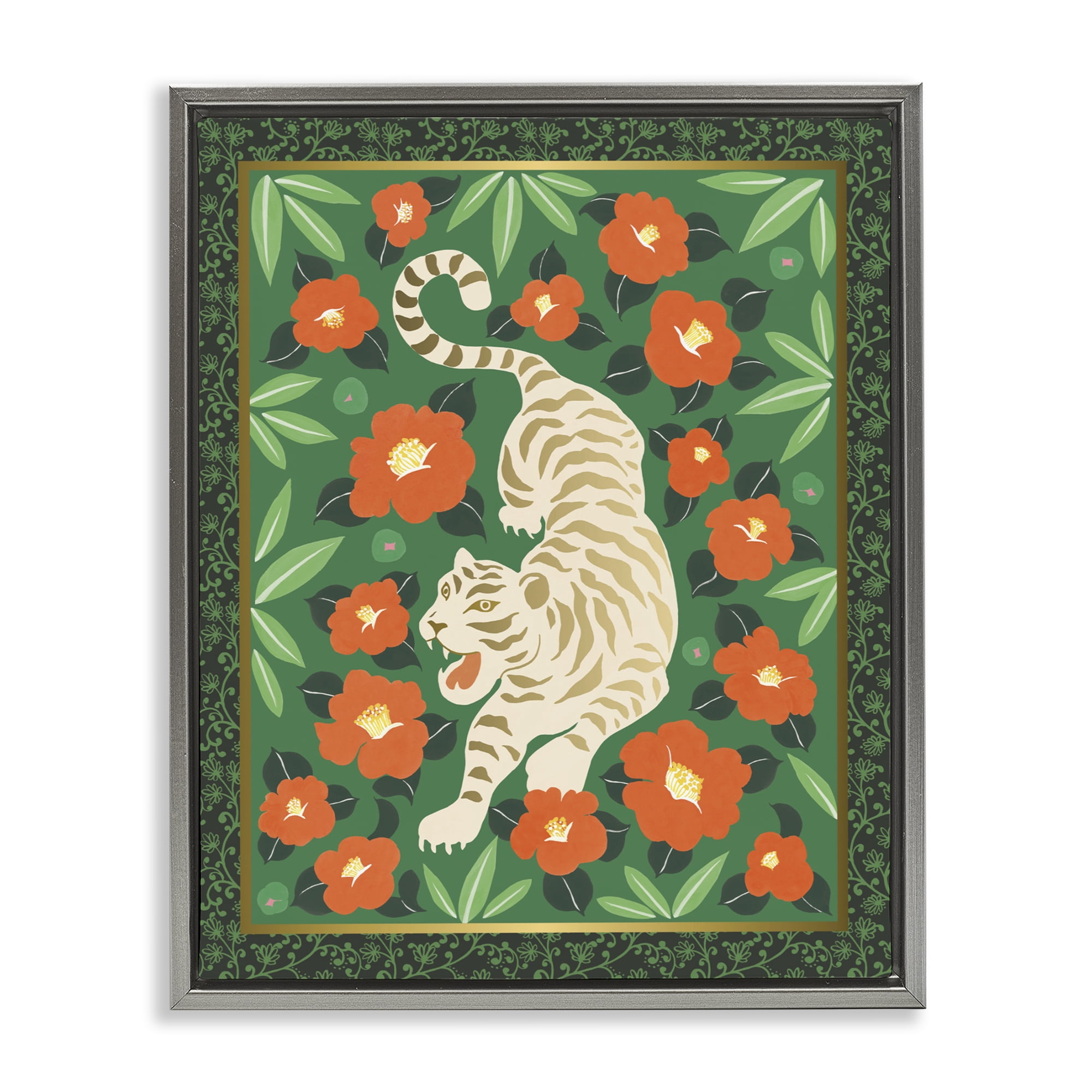 Stupell Industries Eclectic Tiger & Hibiscus Gray Framed Floater Canvas Wall Art, design by Karolina Sato