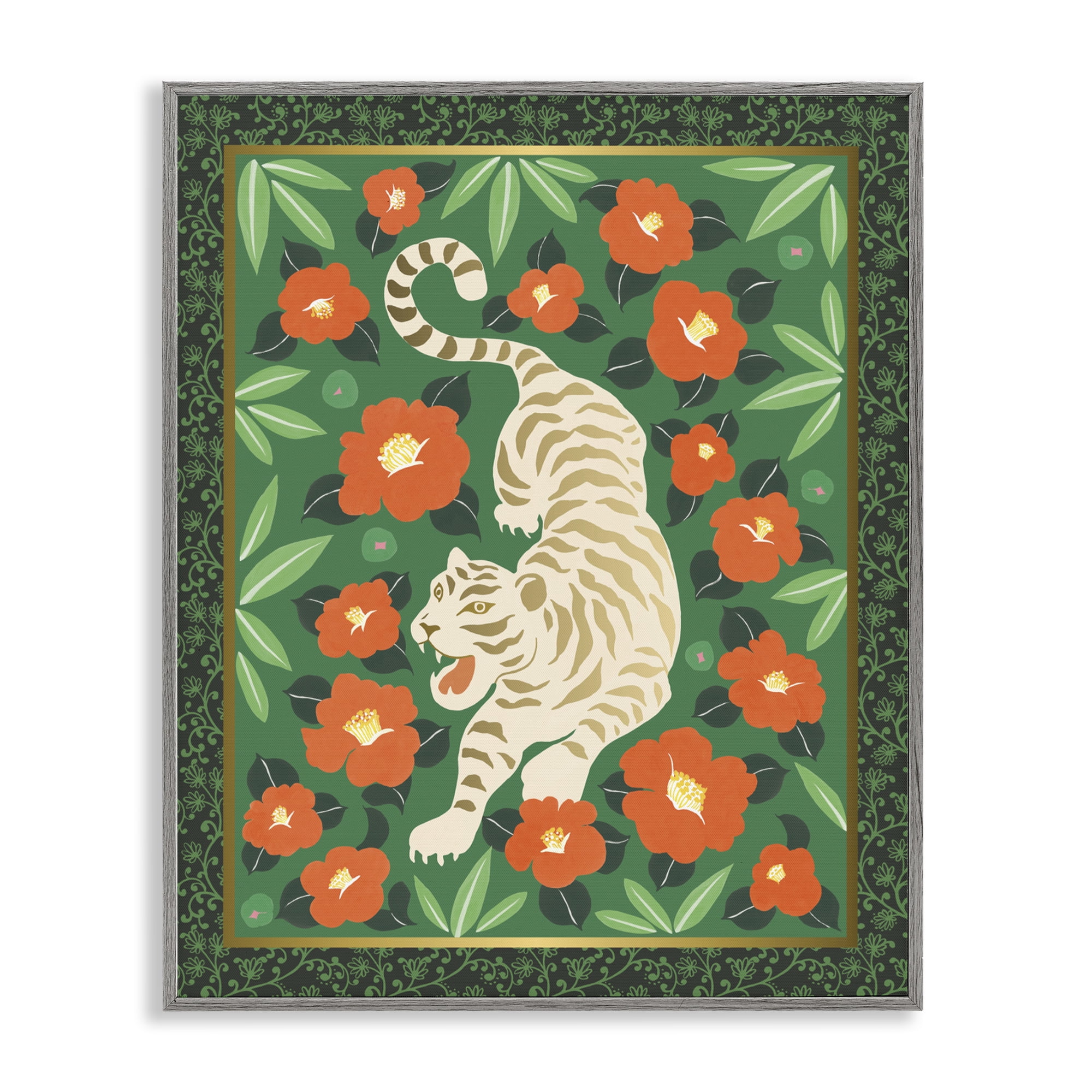 Stupell Industries Eclectic Tiger & Hibiscus Gray Framed Giclee Art, design by Karolina Sato