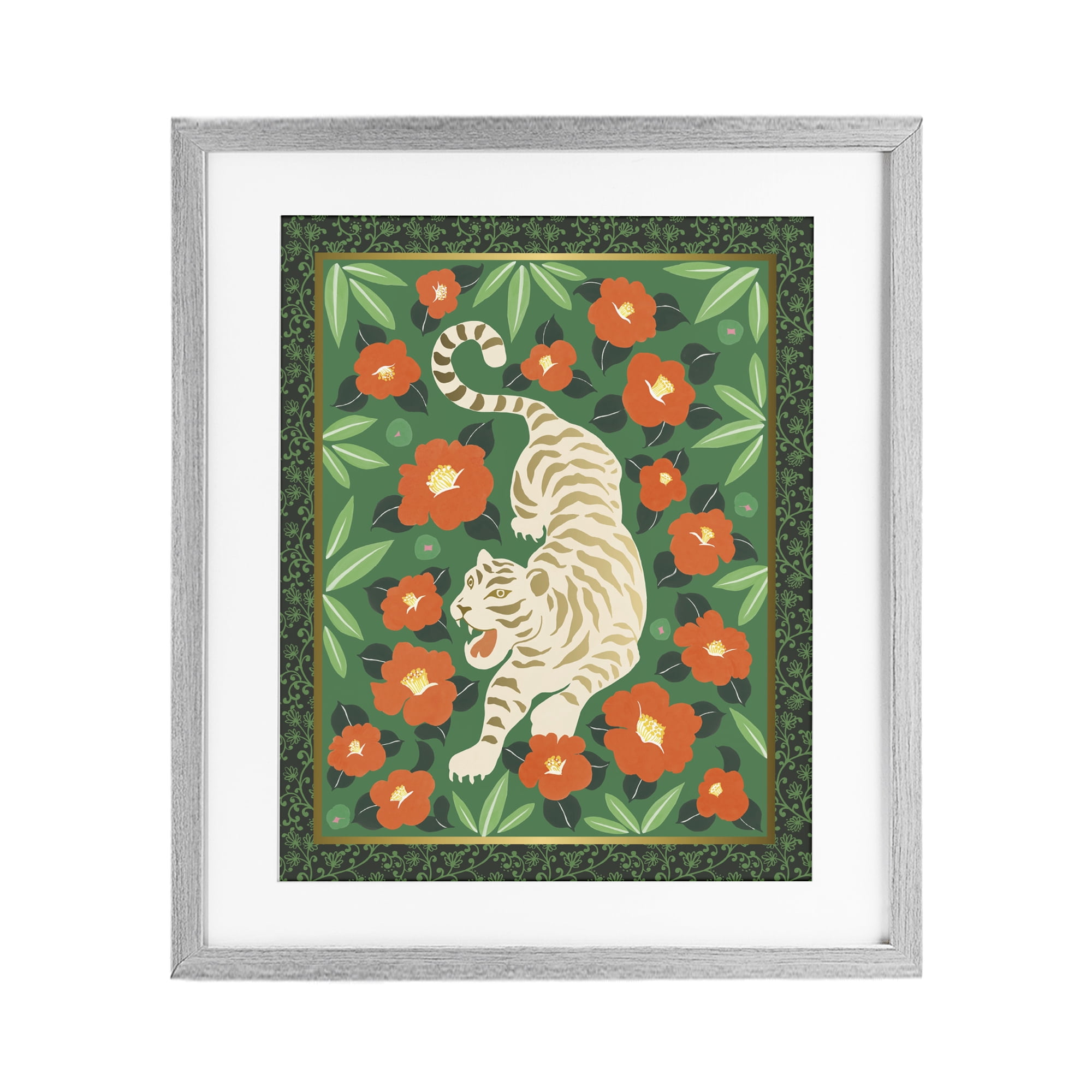 Stupell Industries Eclectic Tiger & Hibiscus Gray Framed Print Under Glass, design by Karolina Sato