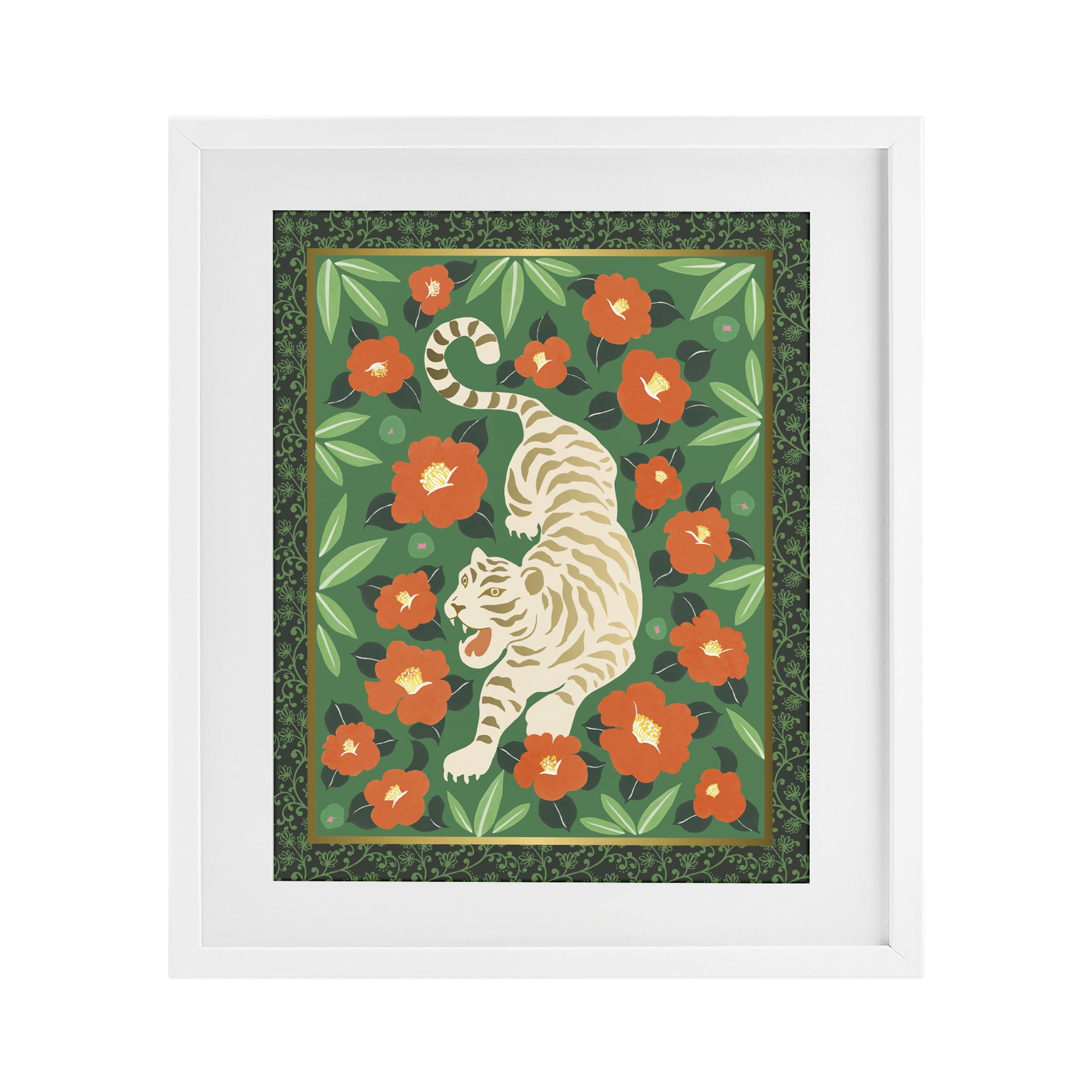 Stupell Industries Eclectic Tiger & Hibiscus White Framed Print Under Glass, design by Karolina Sato