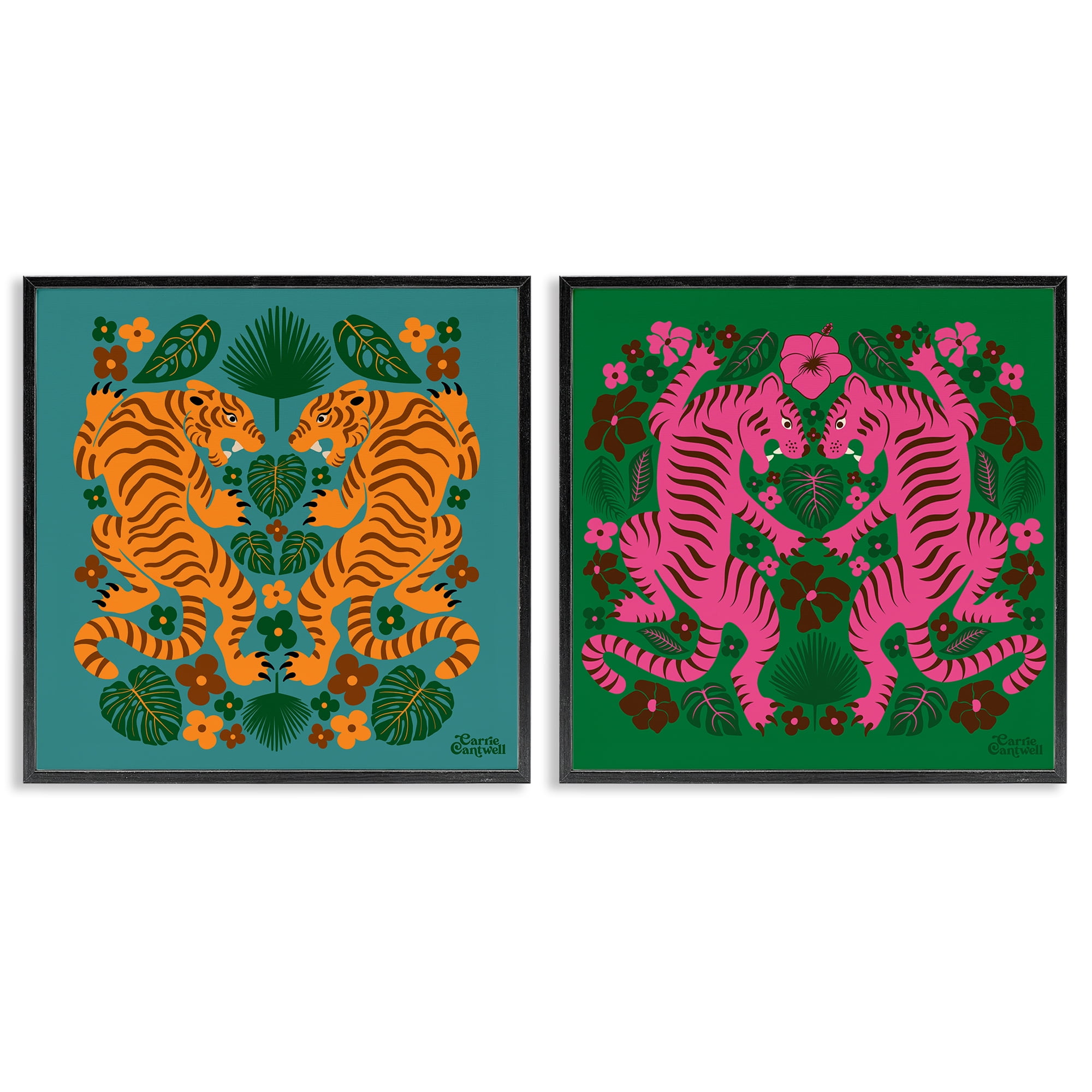 Stupell Industries Eclectic Twin Tigers Animals Painting Black Framed Art Print Wall Art, 12 x 12, Set of 2