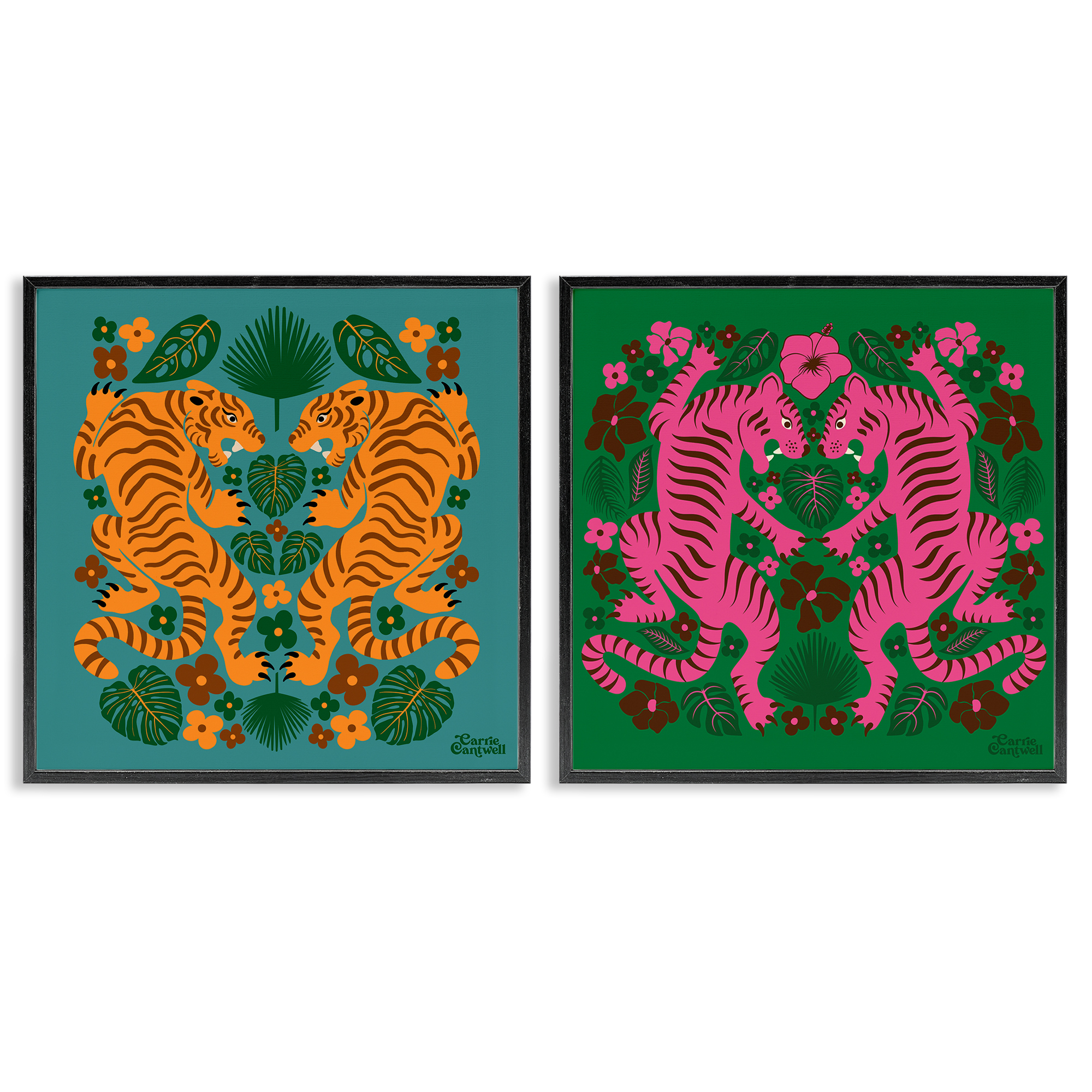 Stupell Industries Eclectic Twin Tigers Animals Painting Black Framed Art Print Wall Art, 17 x 17, Set of 2