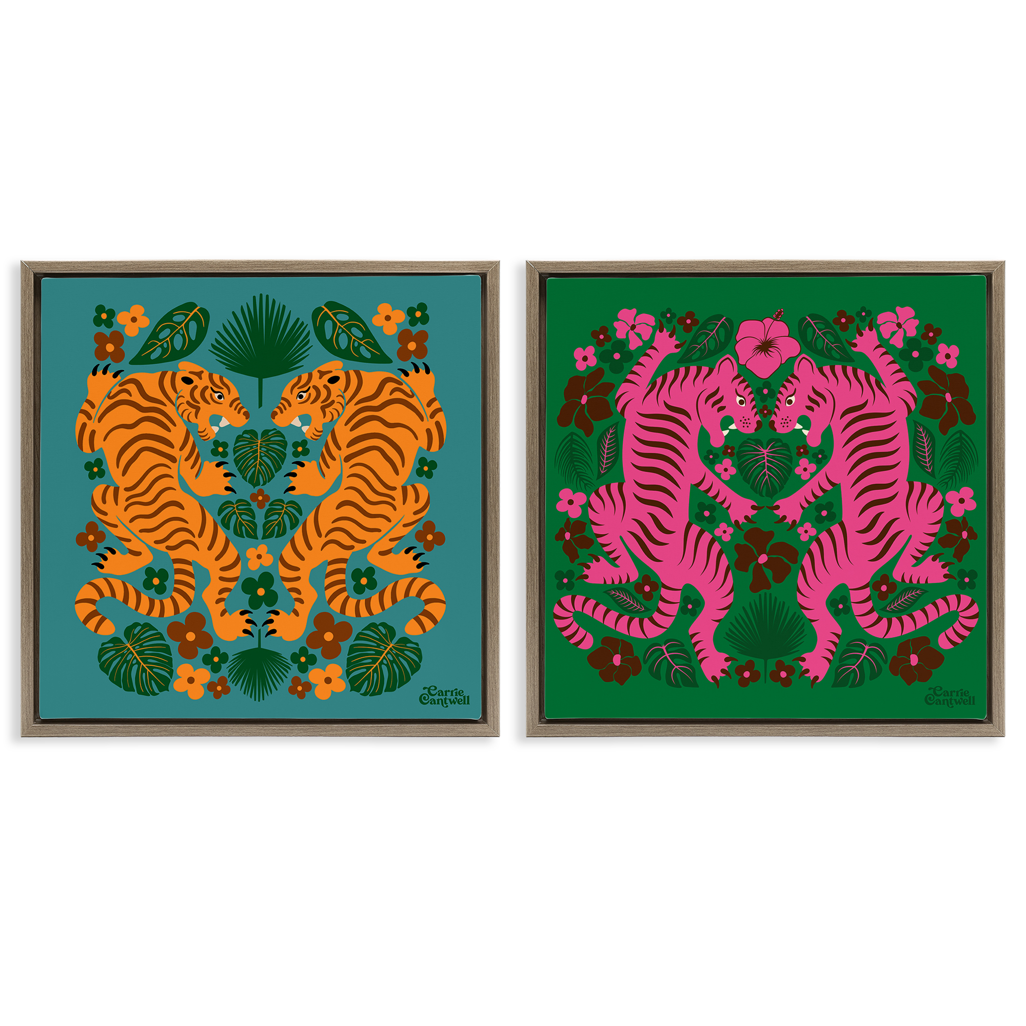 Stupell Industries Eclectic Twin Tigers Animals Painting Brown Floater Framed Canvas Art Print Wall Art, 18 x 18, Set of 2
