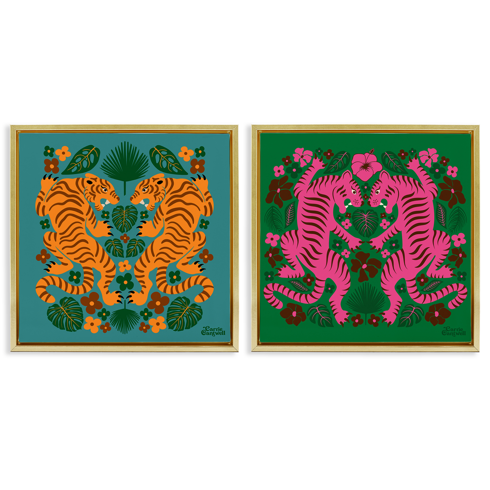 Stupell Industries Eclectic Twin Tigers Animals Painting Gold Floater Framed Canvas Art Print Wall Art, 18 x 18, Set of 2