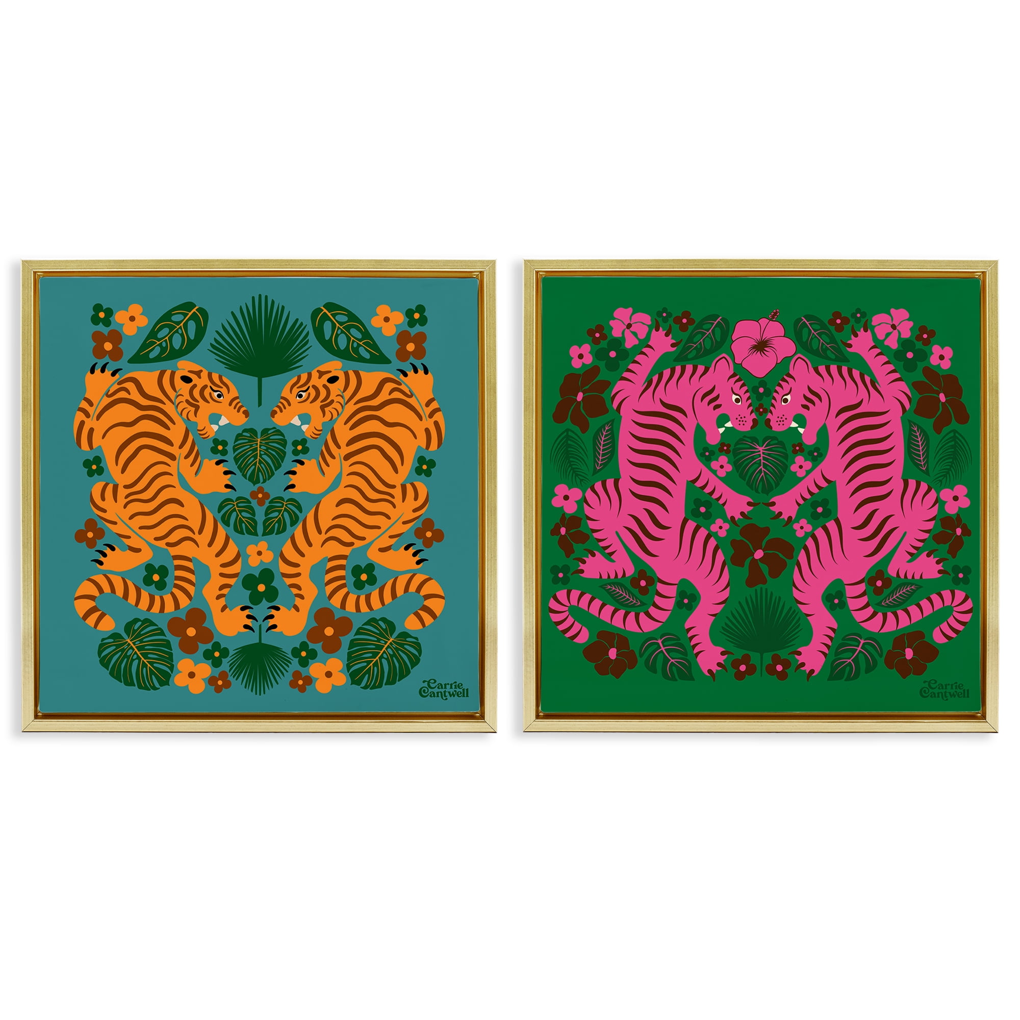Stupell Industries Eclectic Twin Tigers Animals Painting Gold Floater Framed Canvas Art Print Wall Art, 25 x 25, Set of 2