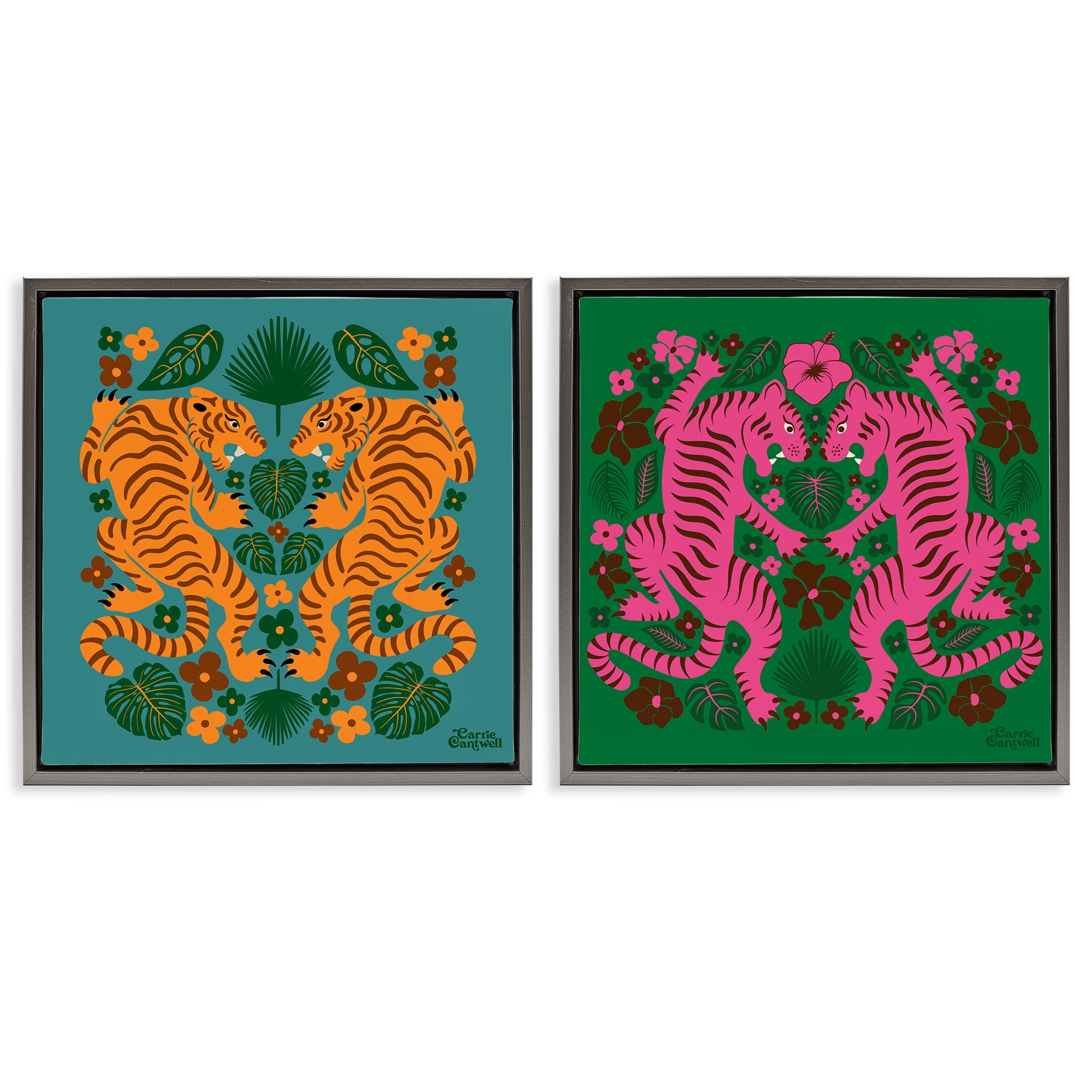 Stupell Industries Eclectic Twin Tigers Animals Painting Gray Floater Framed Canvas Art Print Wall Art, 18 x 18, Set of 2