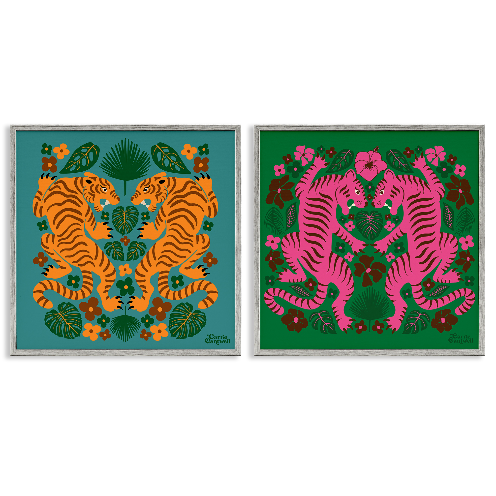 Stupell Industries Eclectic Twin Tigers Animals Painting Gray Framed Art Print Wall Art, 17 x 17, Set of 2