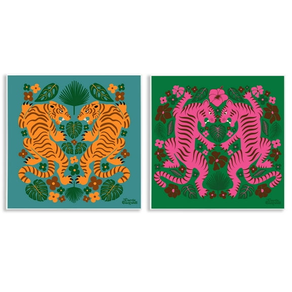 Stupell Industries Eclectic Twin Tigers Animals Painting Unframed Art Print Wall Art, 12 x 12, Set of 2