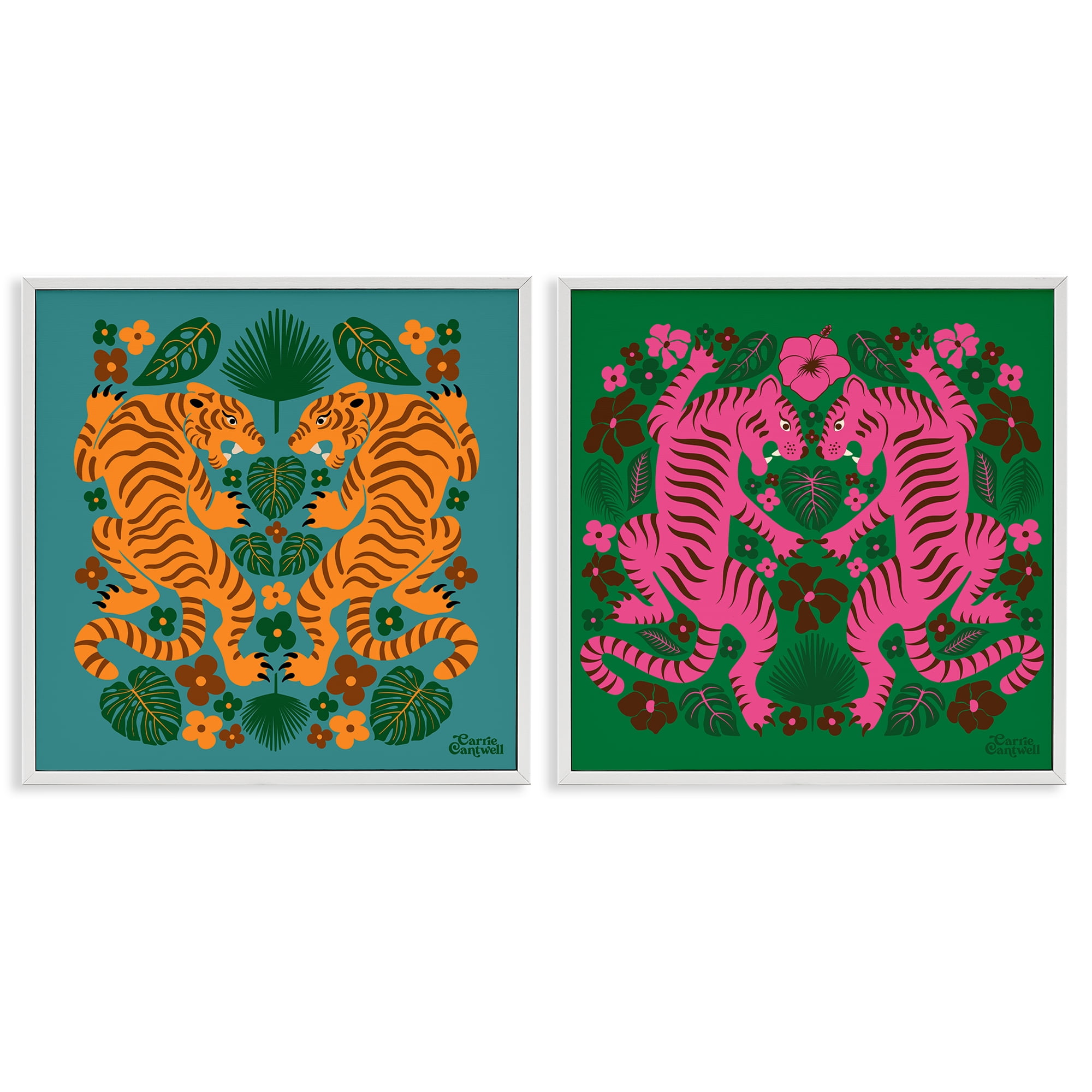 Stupell Industries Eclectic Twin Tigers Animals Painting White Framed Art Print Wall Art, 24 x 24, Set of 2