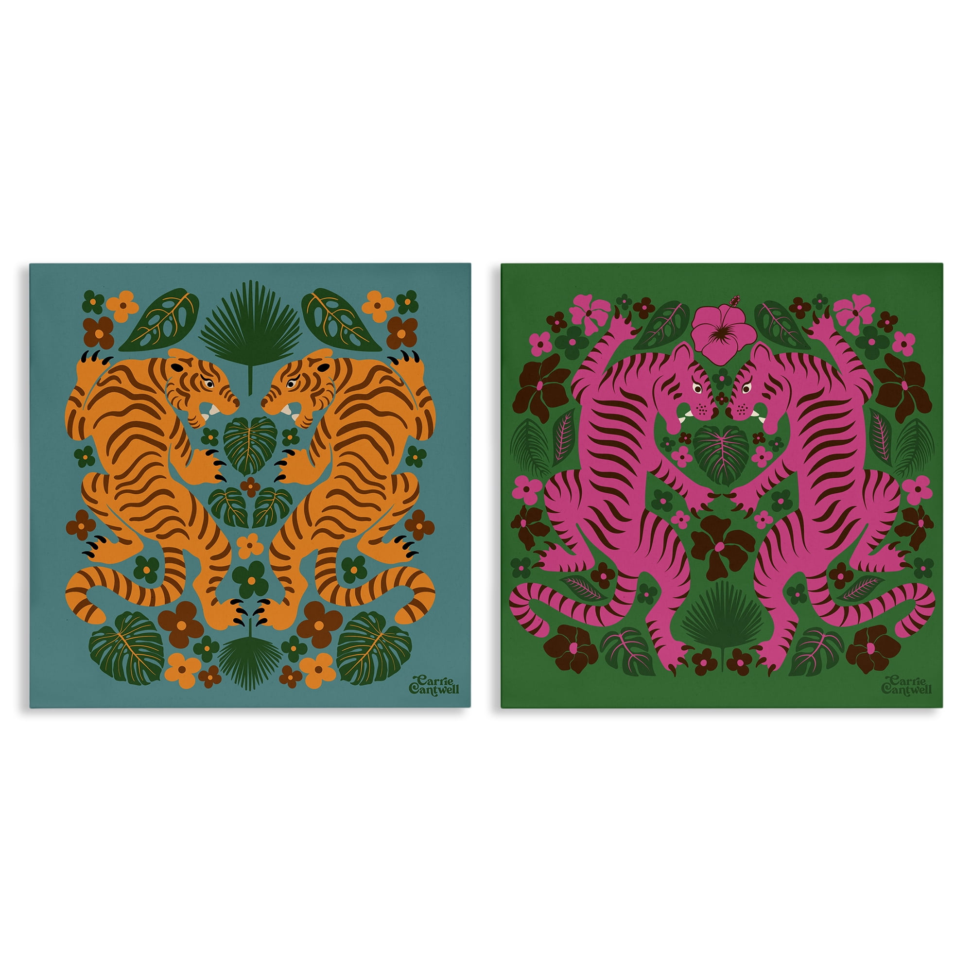 Stupell Industries Eclectic Twin Tigers Animals Painting Wrapped Canvas Art Print Wall Art, 17 x 17, Set of 2