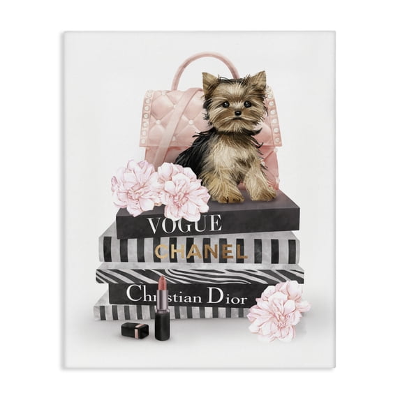 Stupell Industries Eclectic Yorkie Puppy Glam Quilted Purse Fashion Bookstack Canvas Art, 36 x 48, by Ziwei Li