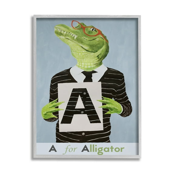 Stupell Industries Educational A For Alligator Animals & Insects Painting Gray Framed Art Print Wall Art, 11 x 14