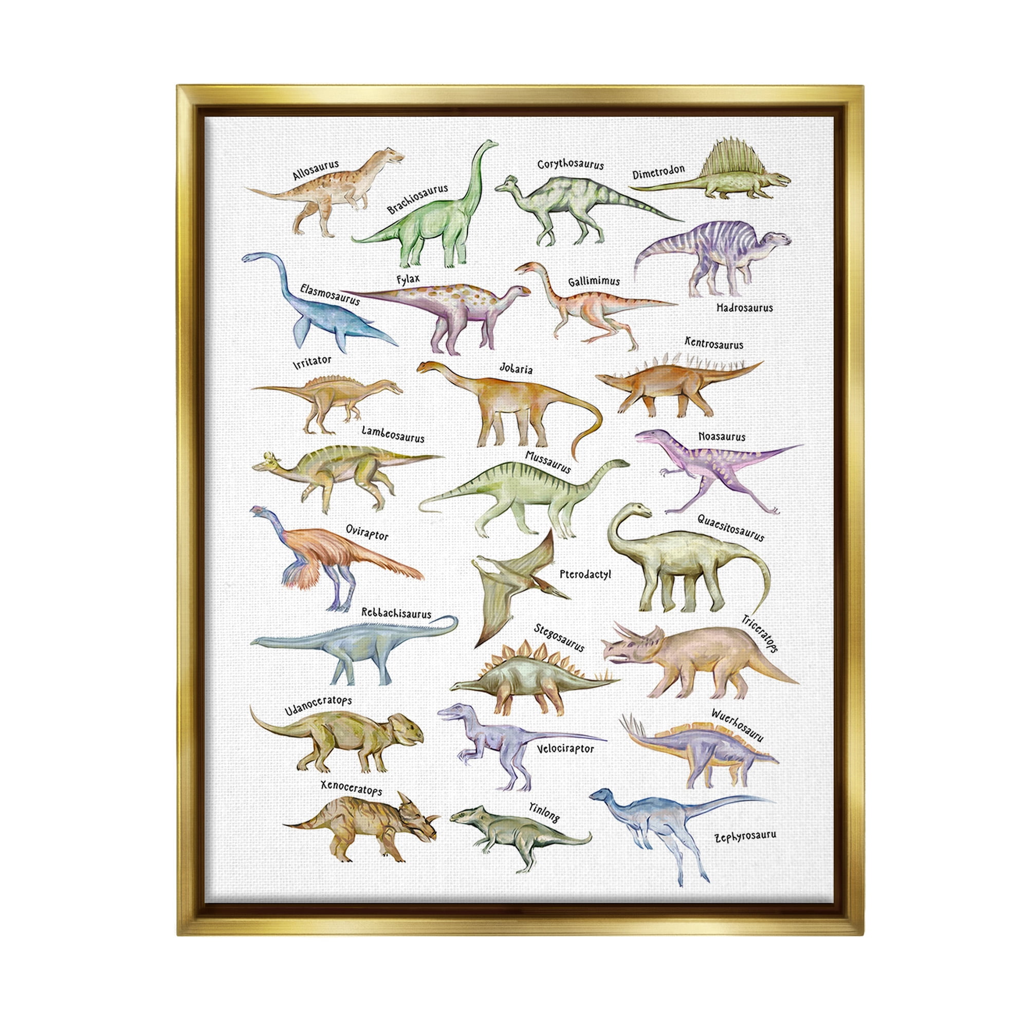 Stupell Industries Educational Ancient Dinosaurs Animals & Insects Painting Gold Floater Framed Canvas Art Print Wall Art, 17 x 21