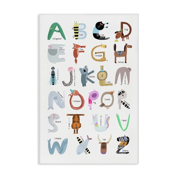 Stupell Industries Educational Animal Letters Children's Art Painting Wrapped Canvas Canvas Art Print Wall Art, 30 x 45